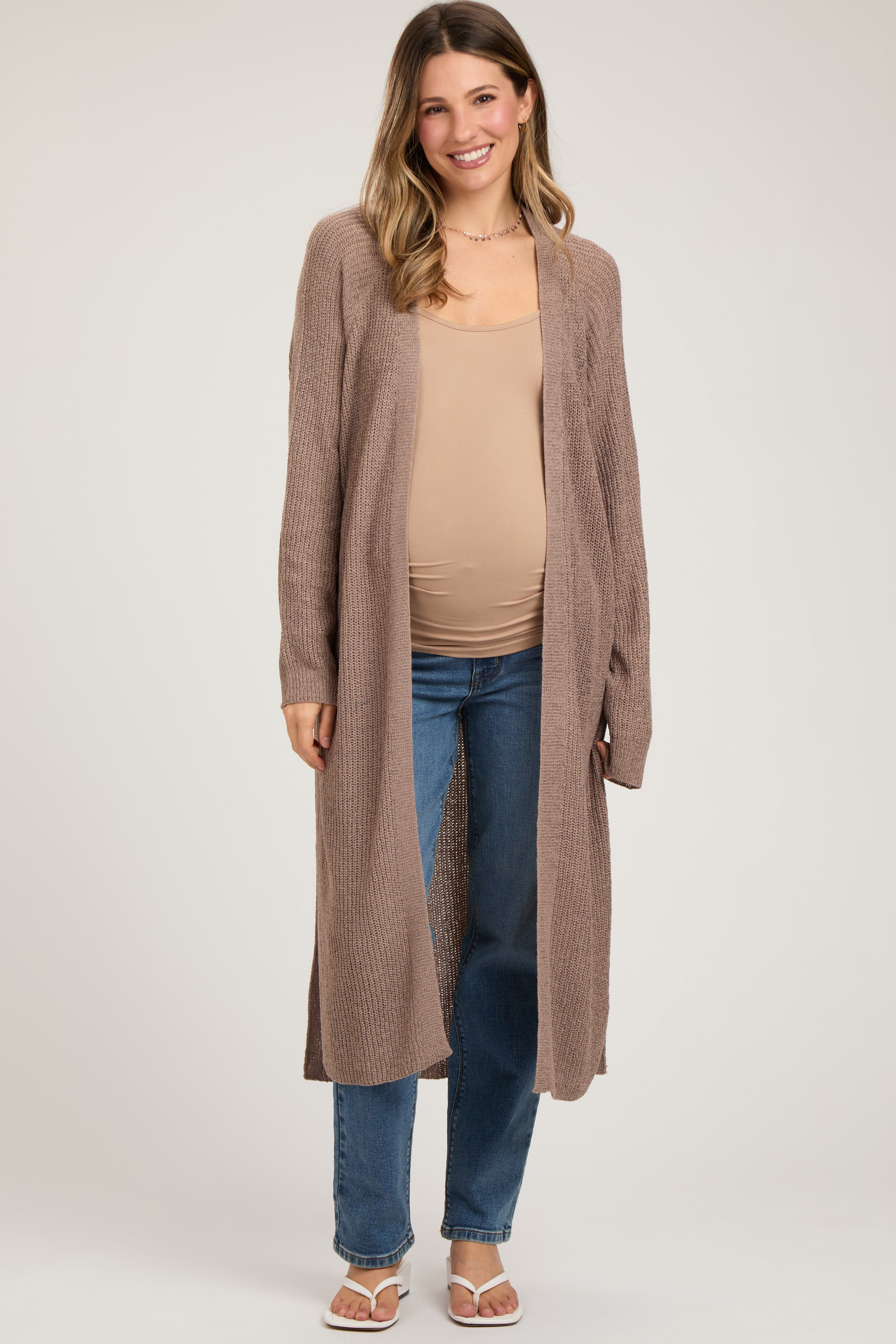 Mocha Knit Side Slit Long Maternity Cardigan sold by Pinkblush