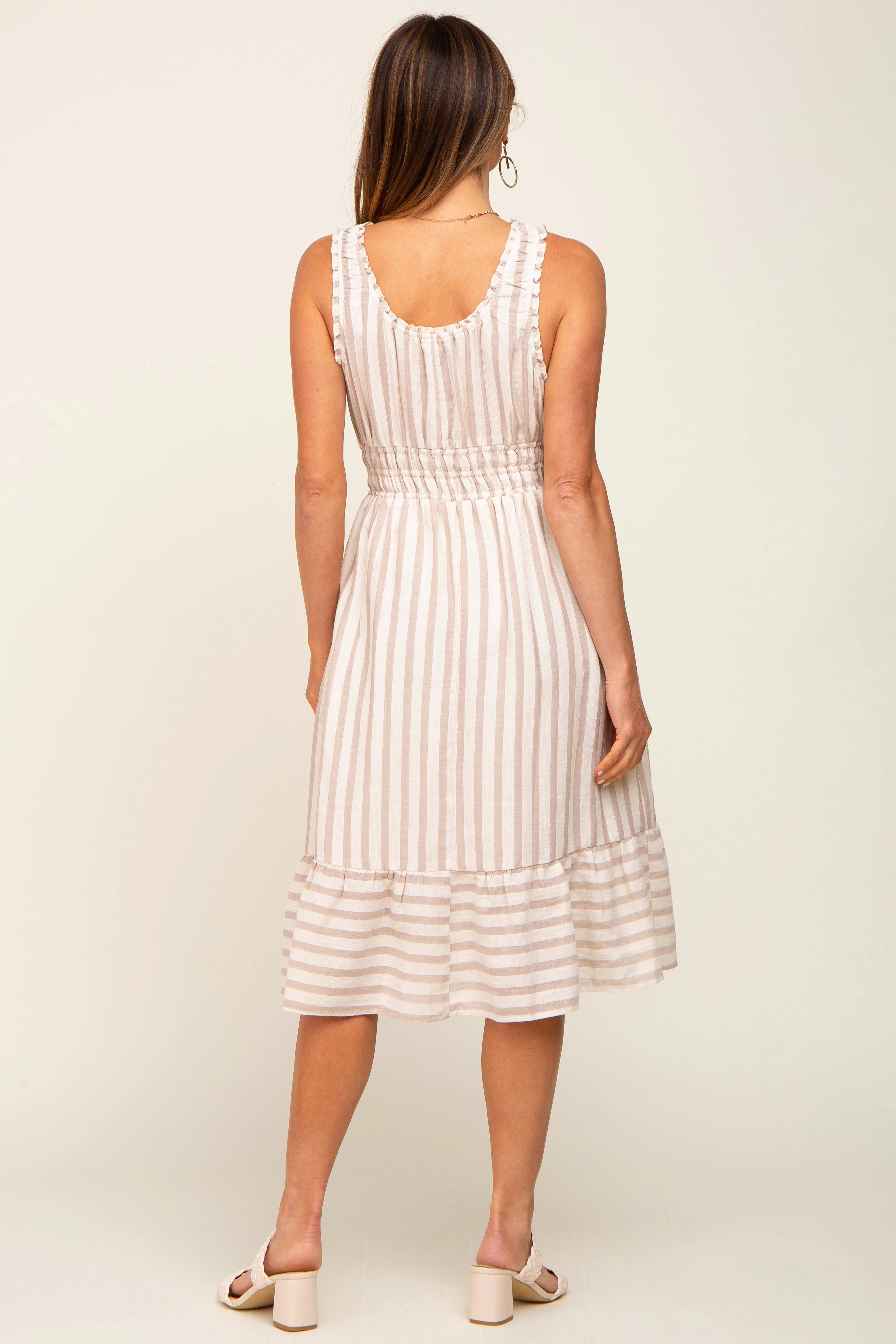 Taupe Striped Sleeveless Ruffle Hem Midi Dress sold by Pinkblush product image thumbnail 3