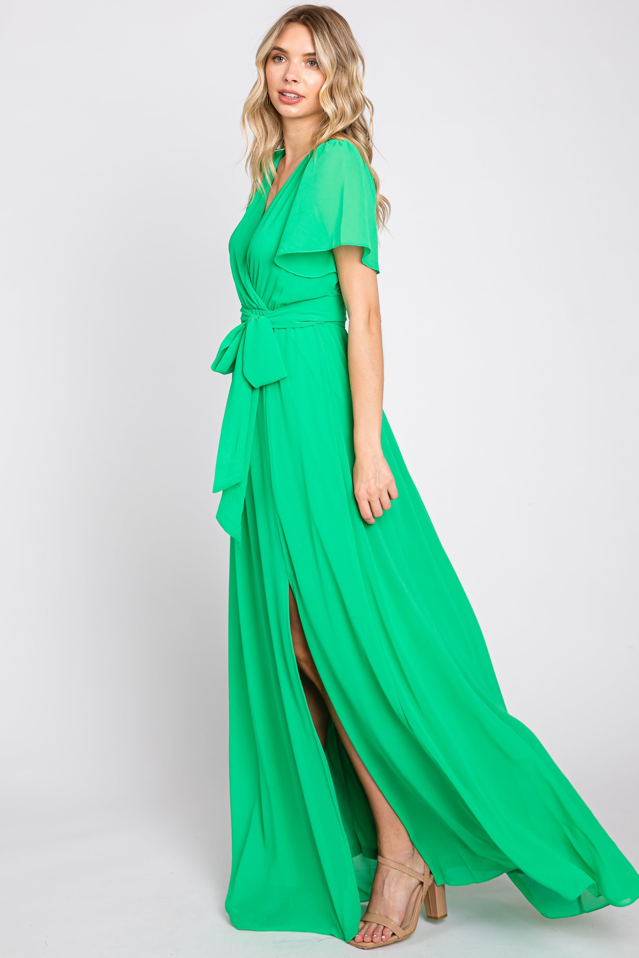 Green Chiffon Short Sleeve Wrap V-Neck Front Slit Maxi Dress sold by Pinkblush product image thumbnail 2