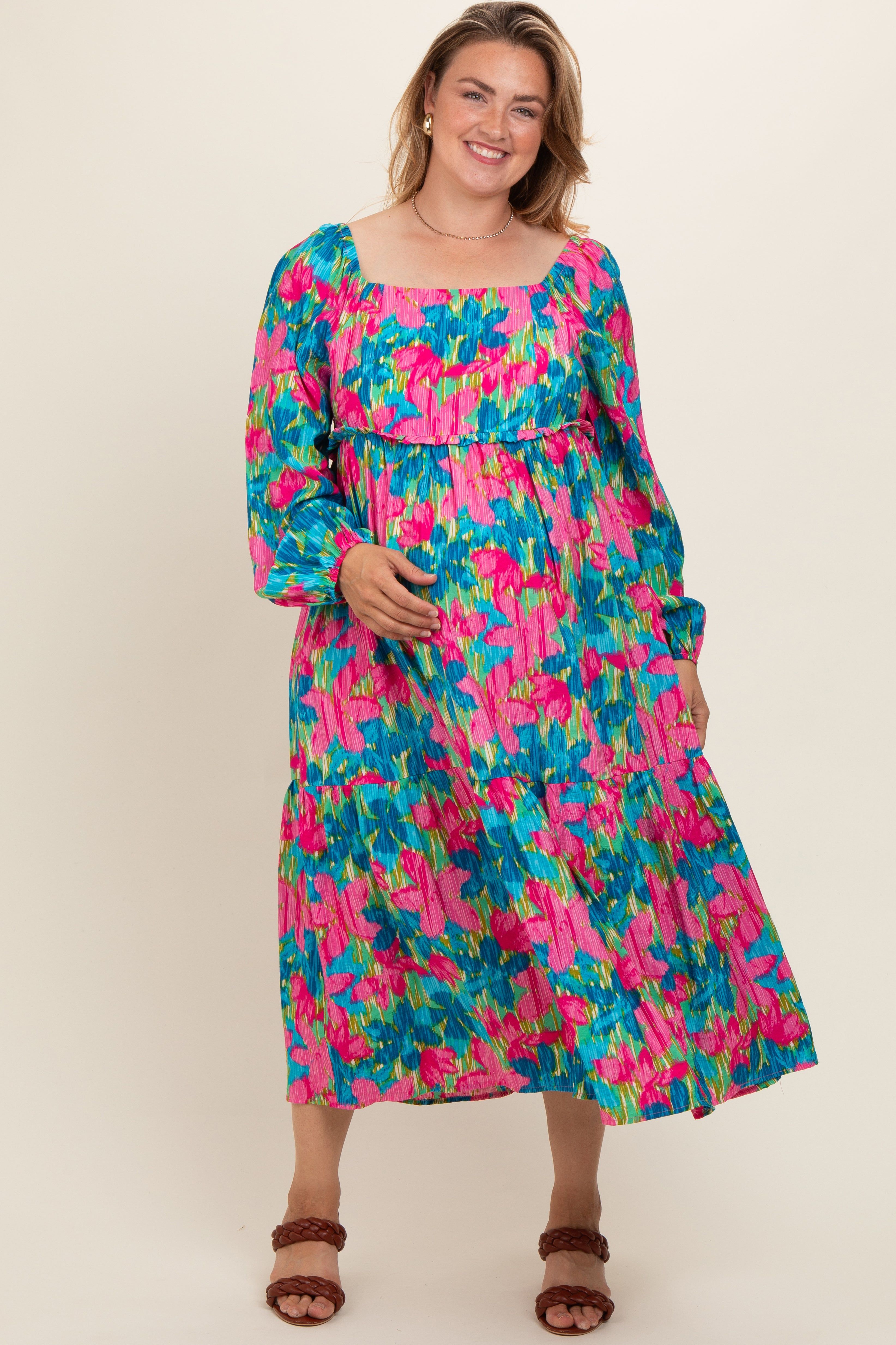 Blue Floral Long Sleeve Maternity Plus Midi Dress sold by Pinkblush