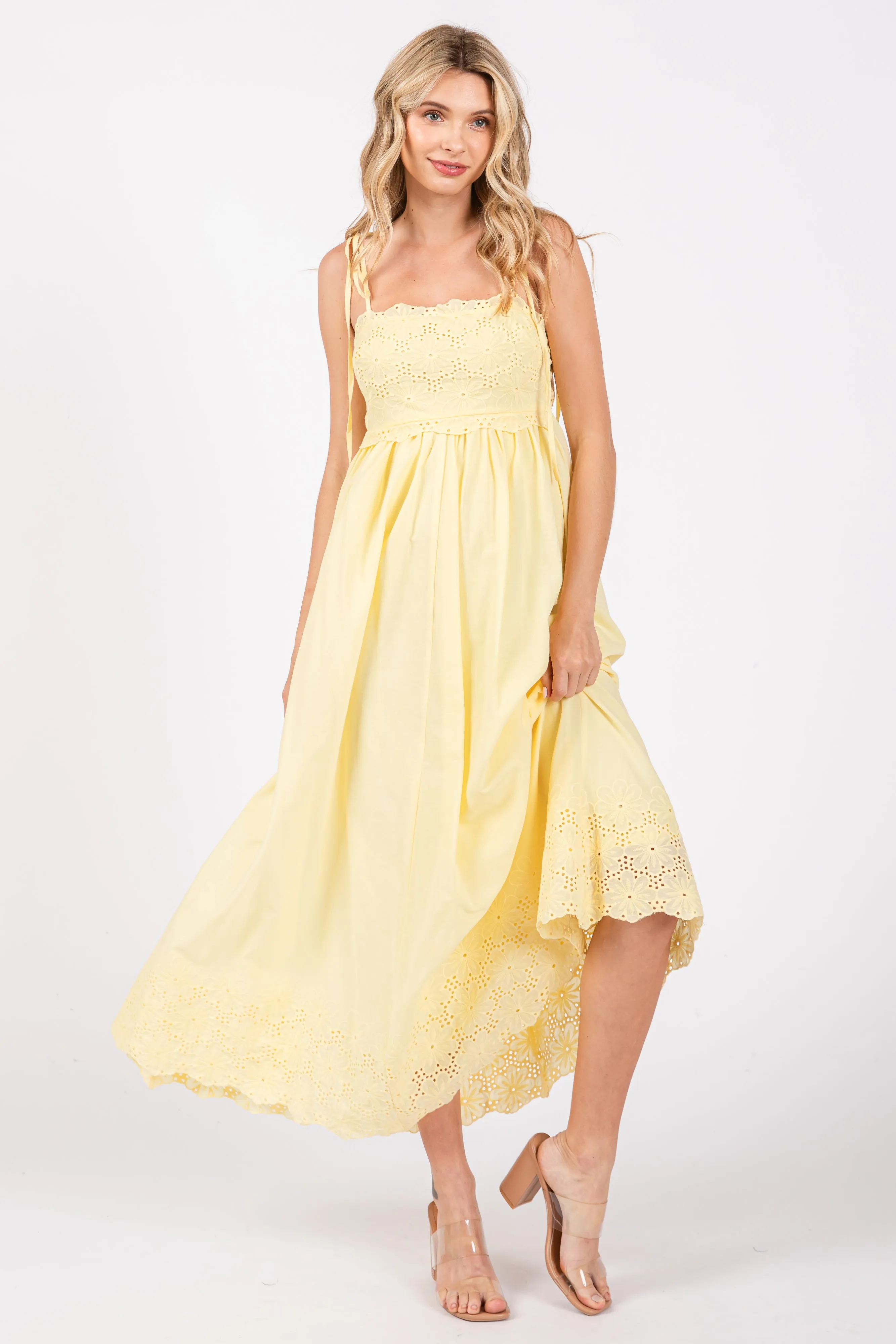 Yellow Eyelet Floral Shoulder Tie Dress sold by Pinkblush product image thumbnail 4