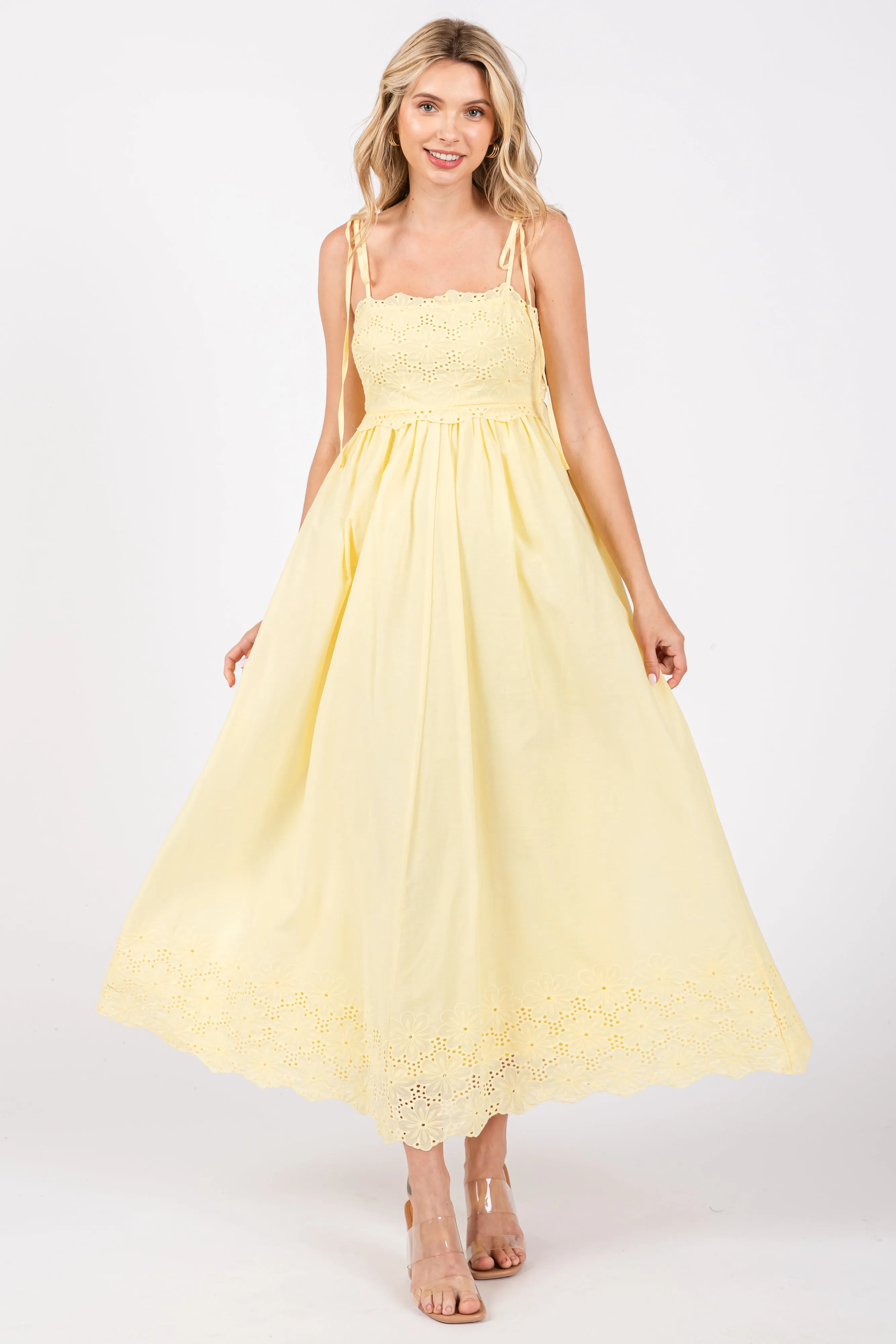 Yellow Eyelet Floral Shoulder Tie Dress sold by Pinkblush