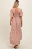 Light Pink Floral Smocked Square Neck Short Puff Sleeve Maternity Midi Dress sold by Pinkblush