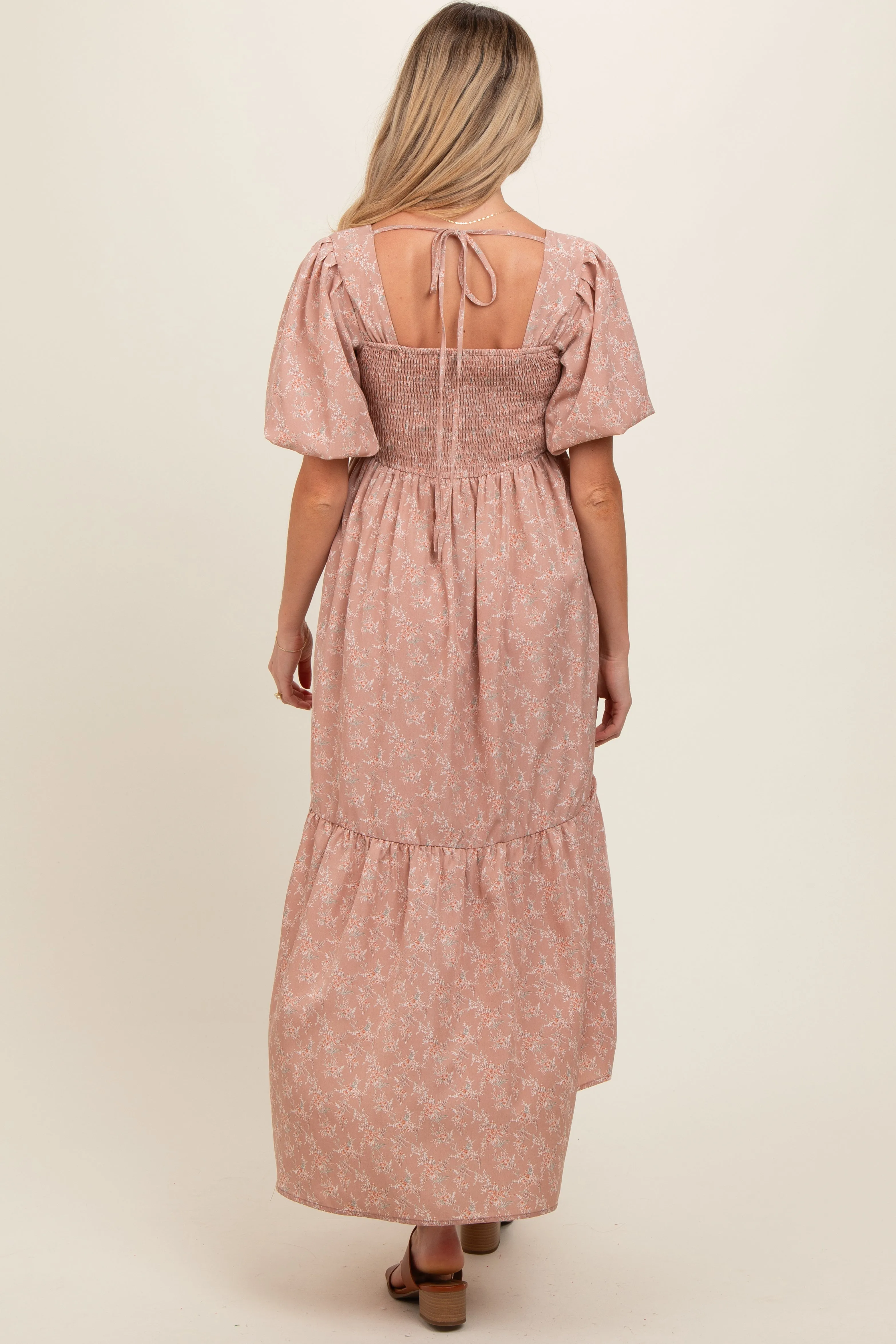 Light Pink Floral Smocked Square Neck Short Puff Sleeve Maternity Midi Dress sold by Pinkblush product image thumbnail 2