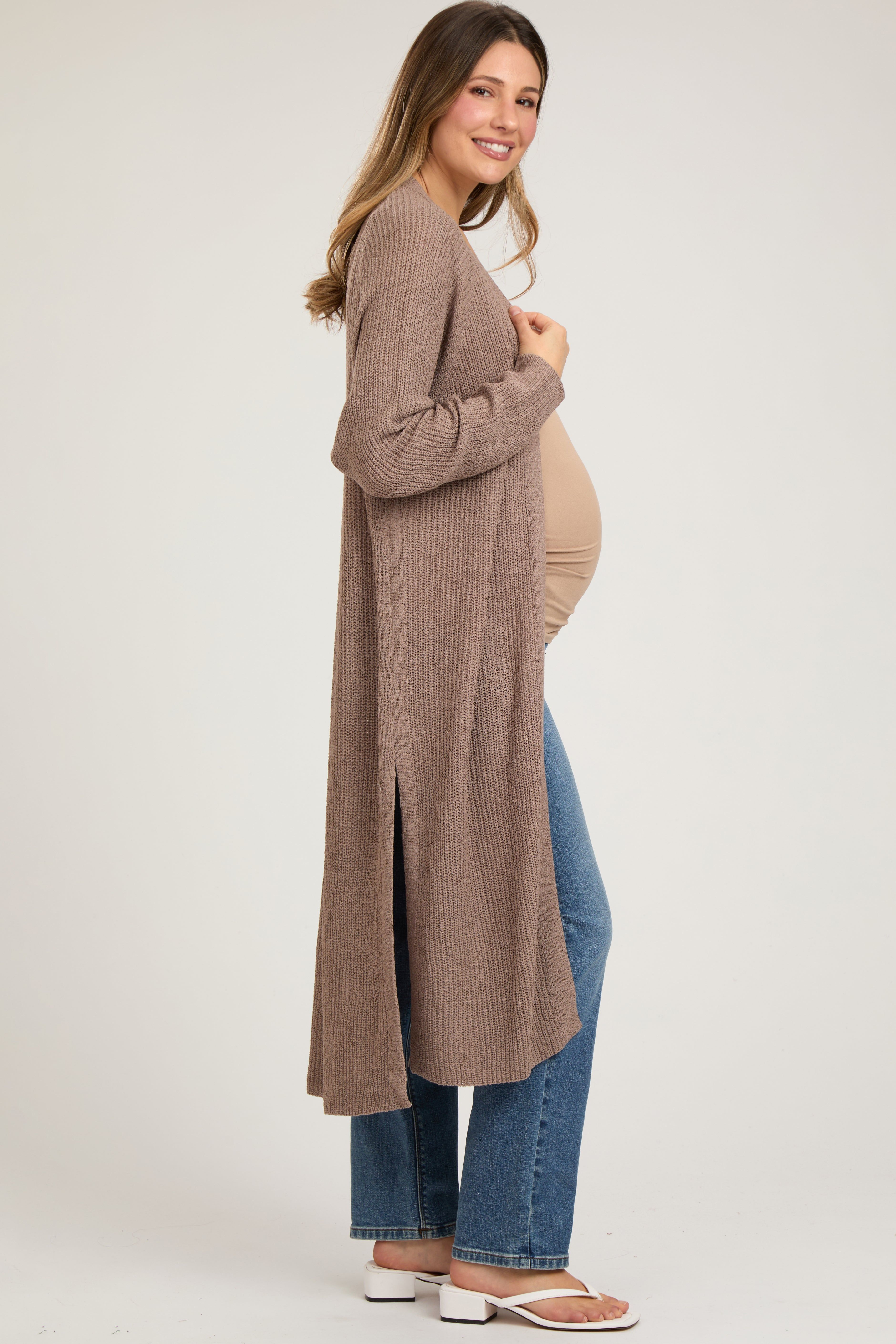 Mocha Knit Side Slit Long Maternity Cardigan sold by Pinkblush product image thumbnail 2