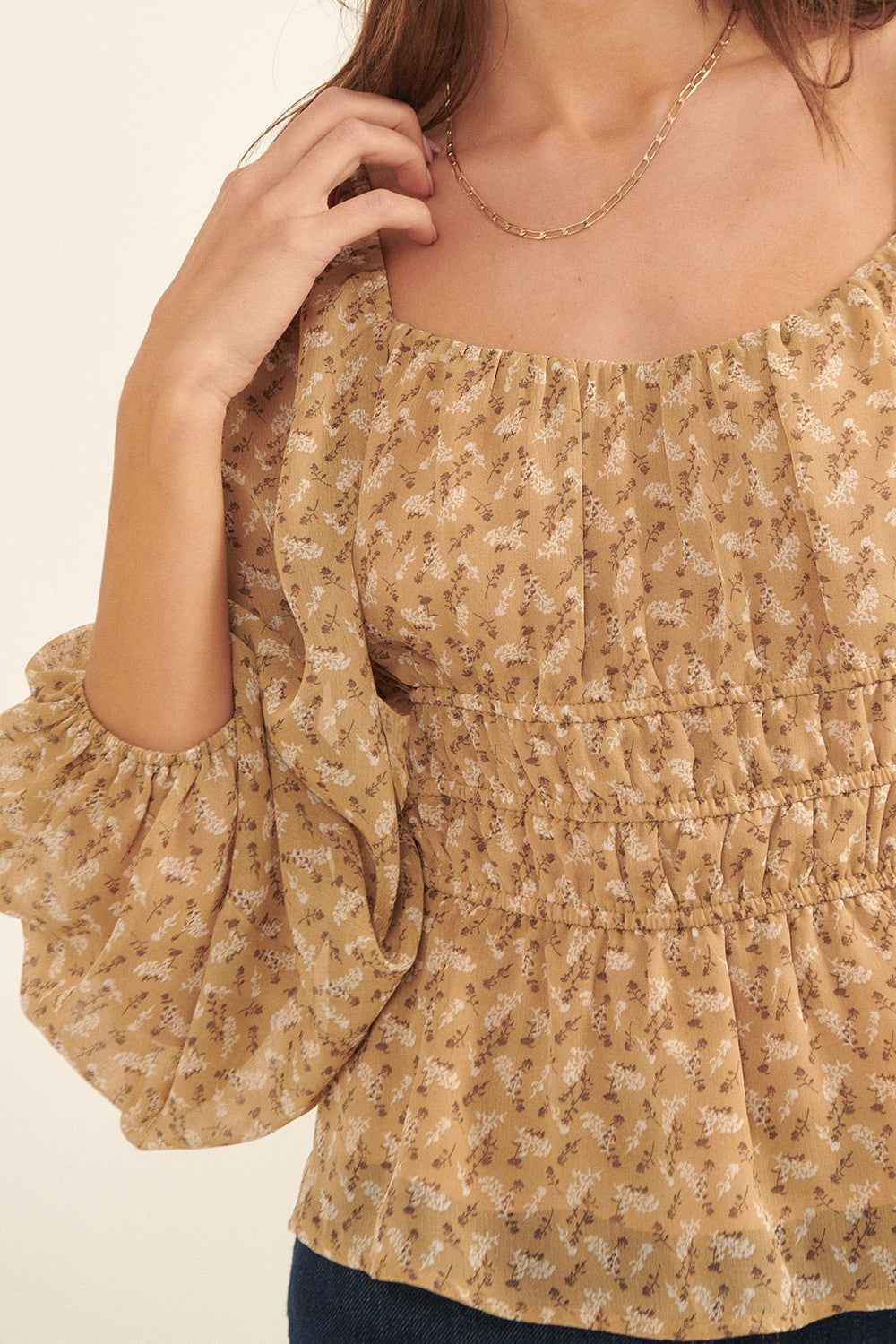 Sand Floral Square Neck Long Sleeve Woven Blouse sold by Pinkblush product image thumbnail 5