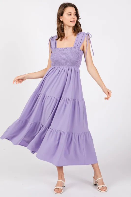 Lavender Smocked Sleeveless Drawstring Shoulder Tiered Midi Dress sold by Pinkblush
