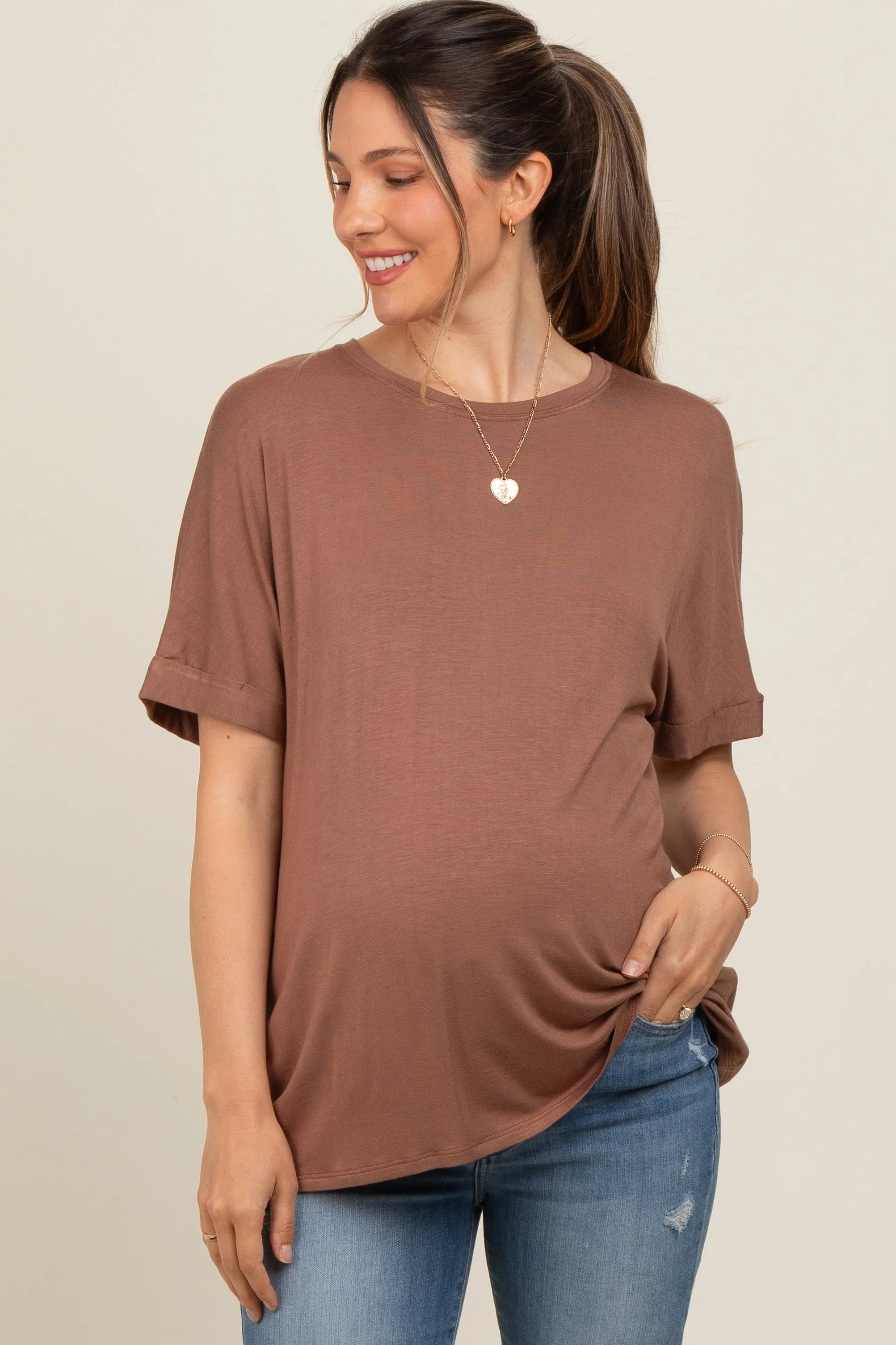 Mocha Relaxed Fit Maternity T-Shirt sold by Pinkblush