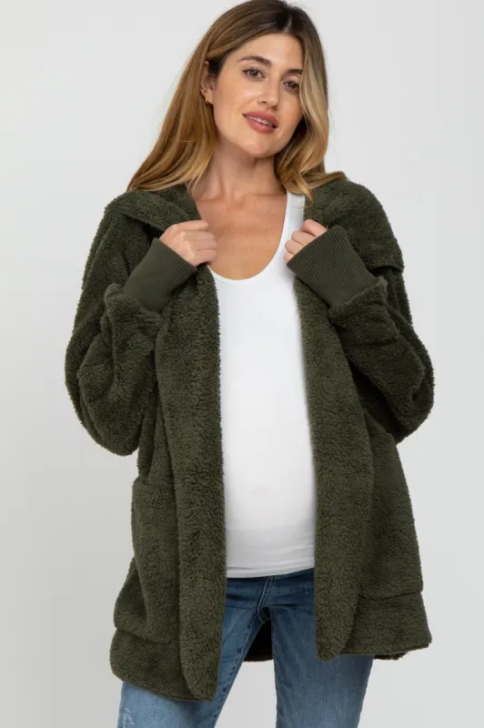 Olive Fuzzy Hooded Long Sleeve Maternity Jacket sold by Pinkblush