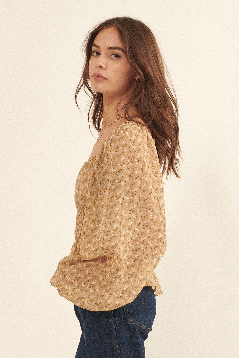 Sand Floral Square Neck Long Sleeve Woven Blouse sold by Pinkblush product image thumbnail 3