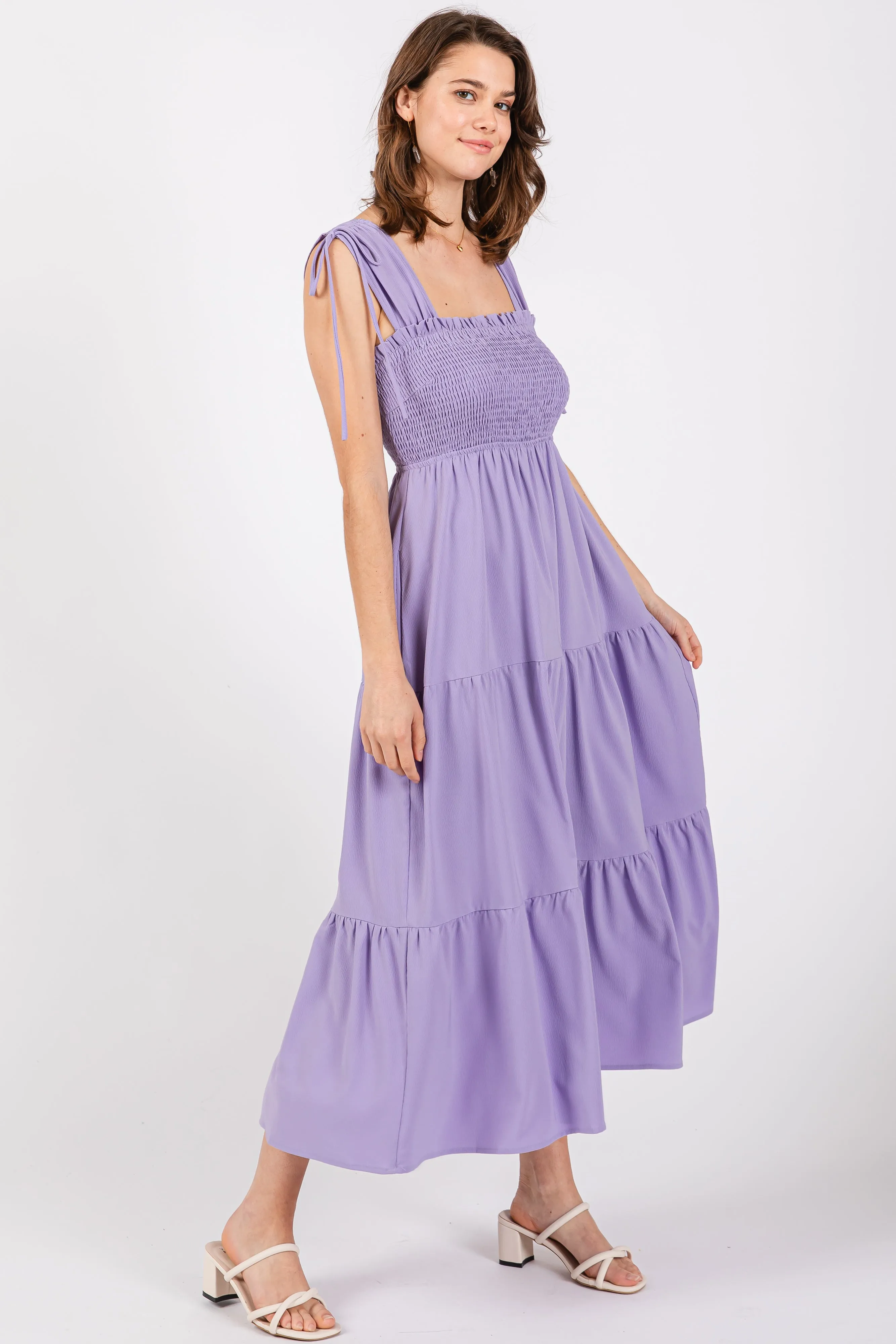 Lavender Smocked Sleeveless Drawstring Shoulder Tiered Midi Dress sold by Pinkblush product image thumbnail 2