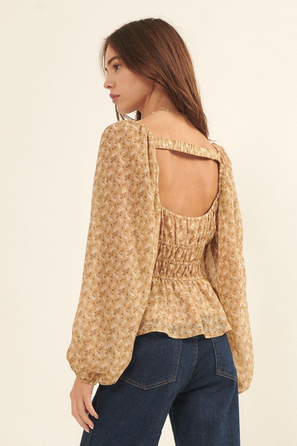 Sand Floral Square Neck Long Sleeve Woven Blouse sold by Pinkblush product image thumbnail 4