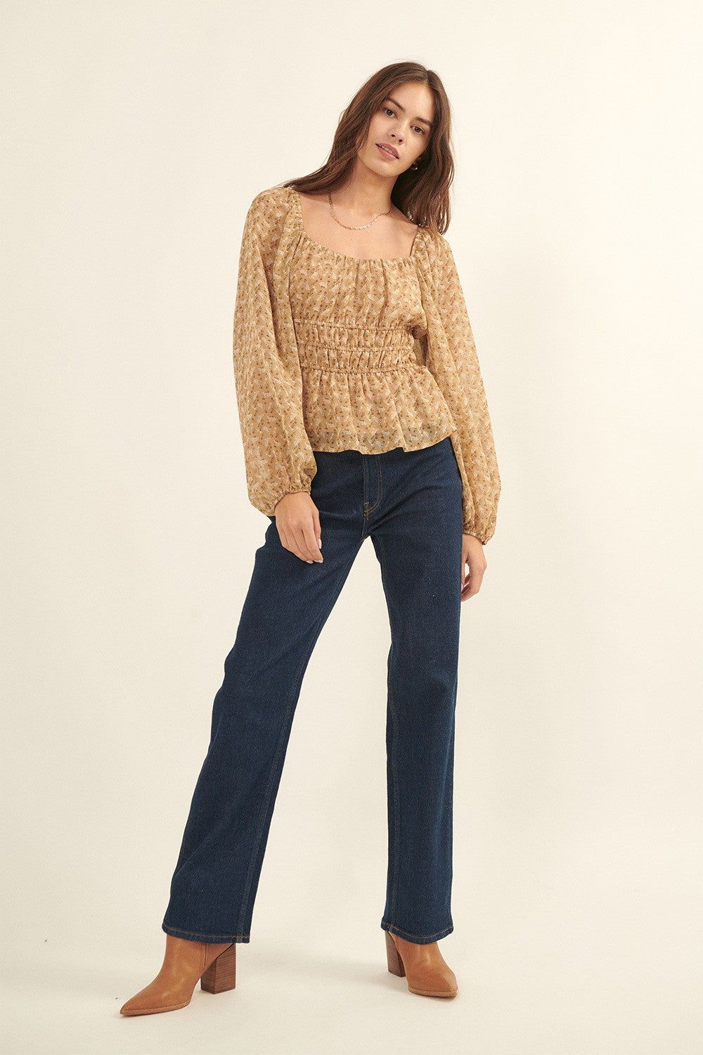 Sand Floral Square Neck Long Sleeve Woven Blouse sold by Pinkblush