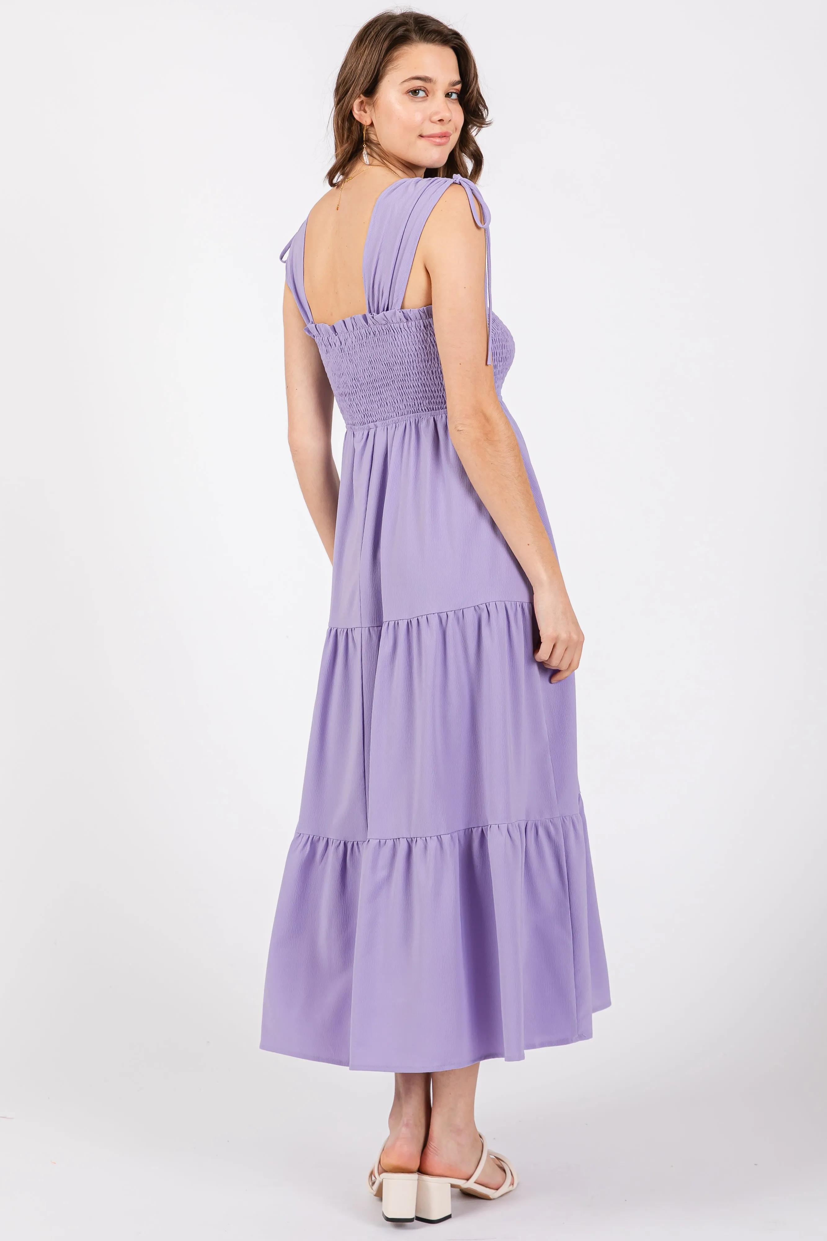 Lavender Smocked Sleeveless Drawstring Shoulder Tiered Midi Dress sold by Pinkblush product image thumbnail 3