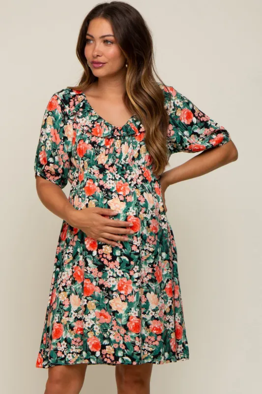 Coral Floral Ruffle Short Sleeve Maternity Dress sold by Pinkblush