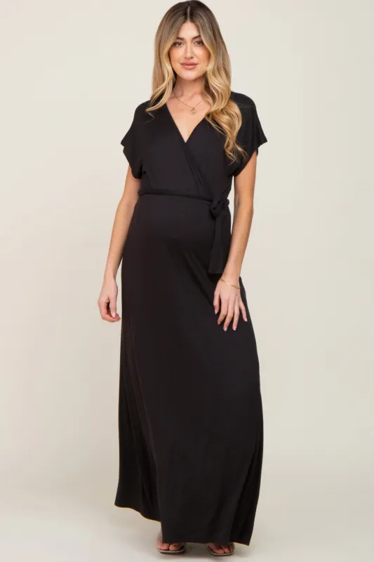 Black Basic Maternity Wrap Maxi Dress sold by Pinkblush
