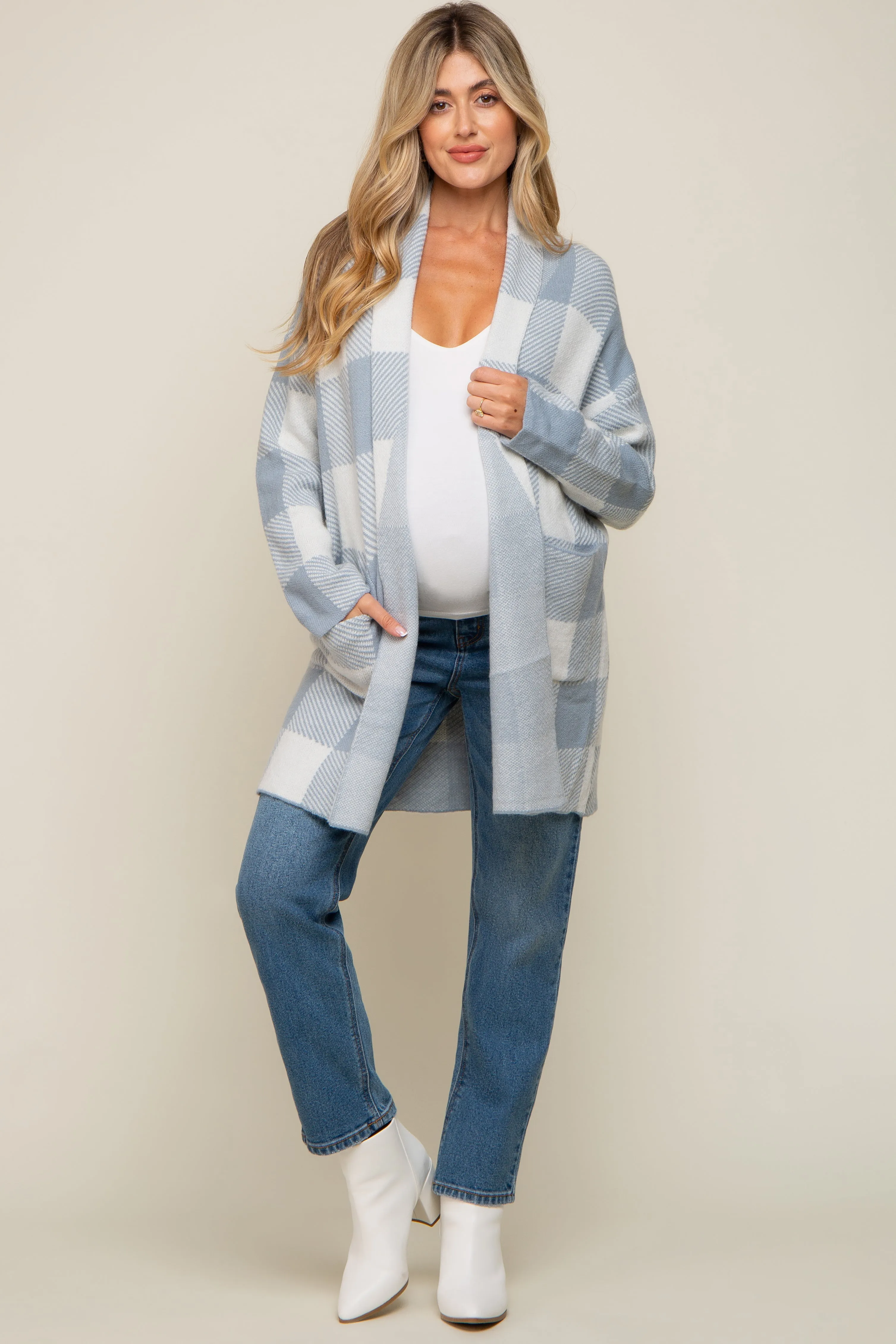 Light Blue Plaid Shawl Maternity Cardigan sold by Pinkblush product image thumbnail 4