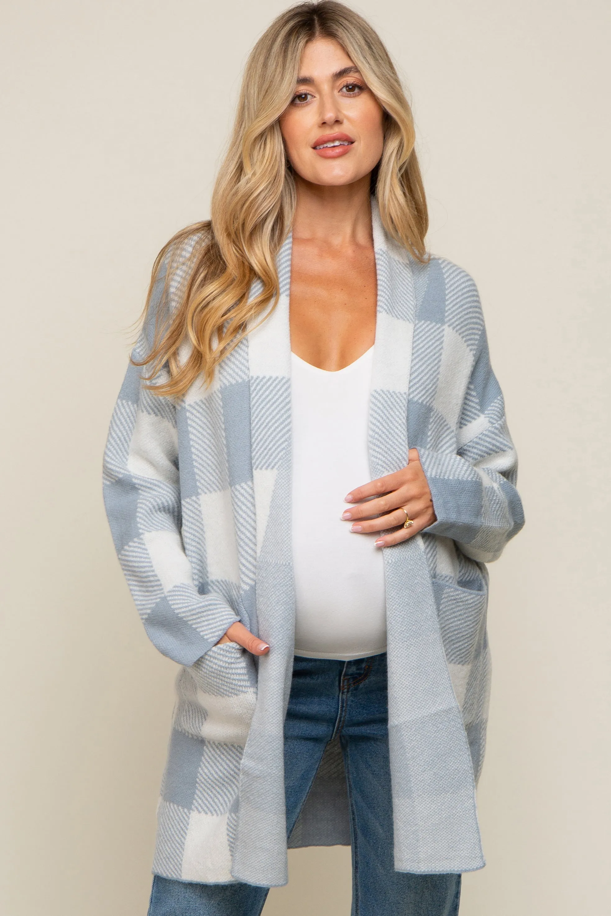 Light Blue Plaid Shawl Maternity Cardigan sold by Pinkblush