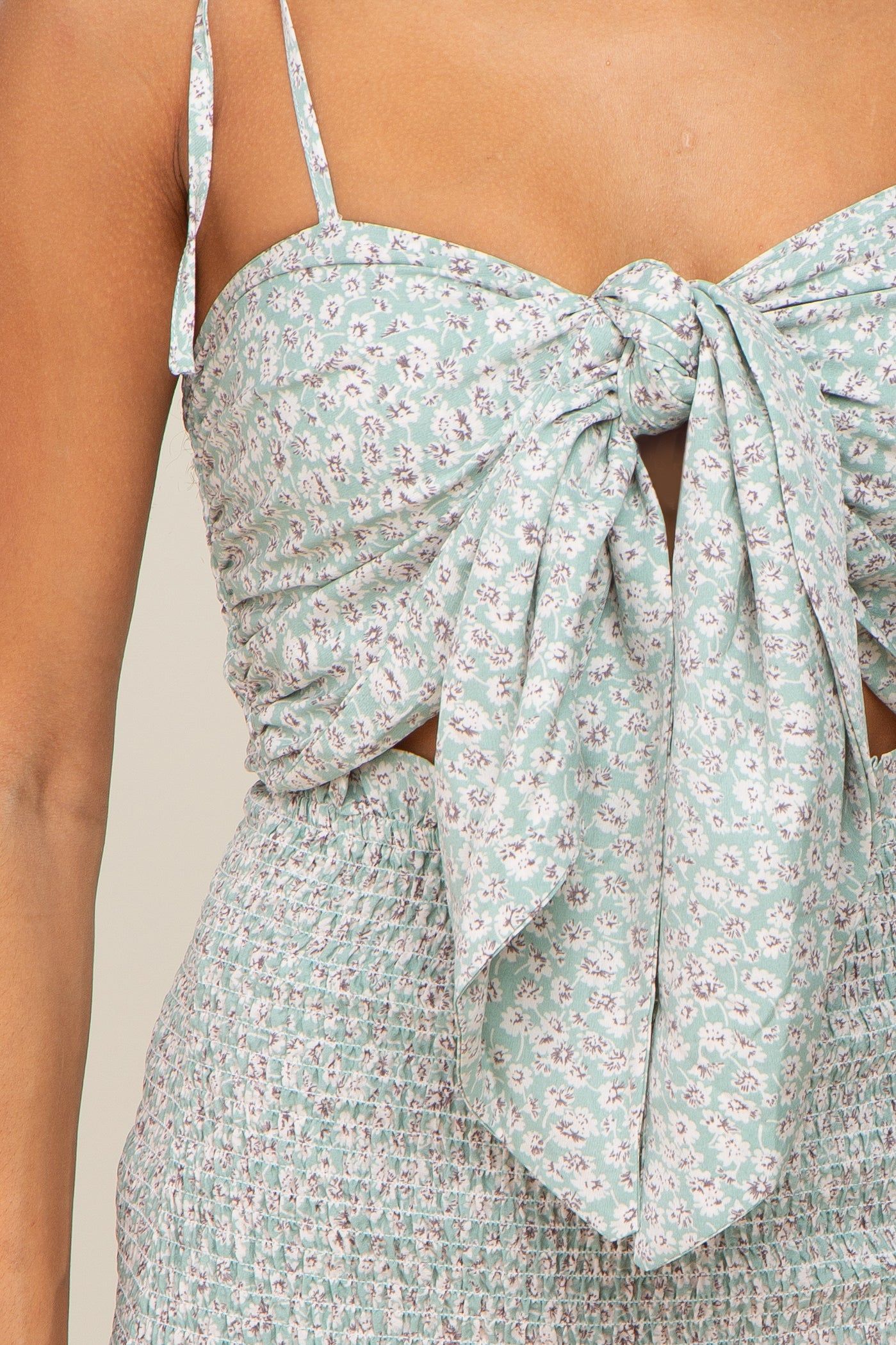 Mint Green Floral Knot Front Smocked Midi Dress sold by Pinkblush product image thumbnail 4