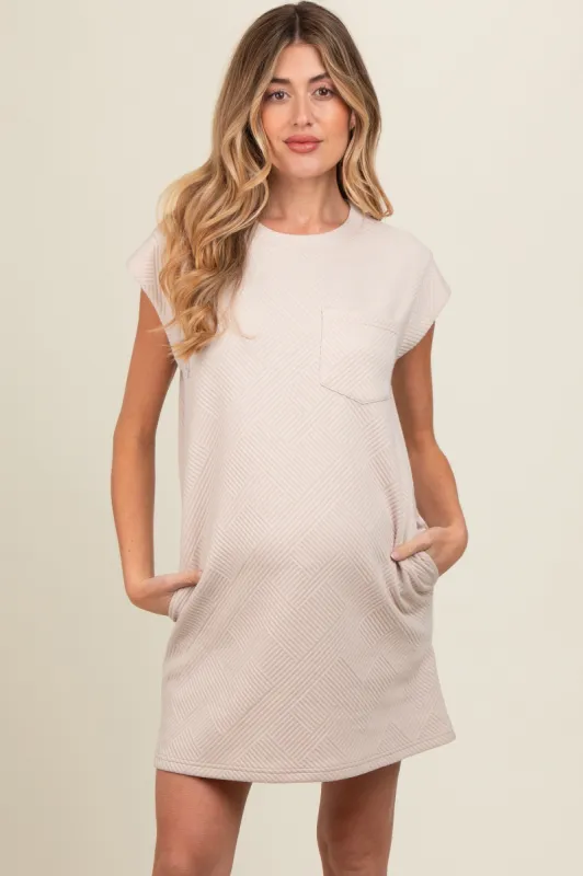 Taupe Front Pocket Line Textured Short Sleeve Maternity Dress sold by Pinkblush