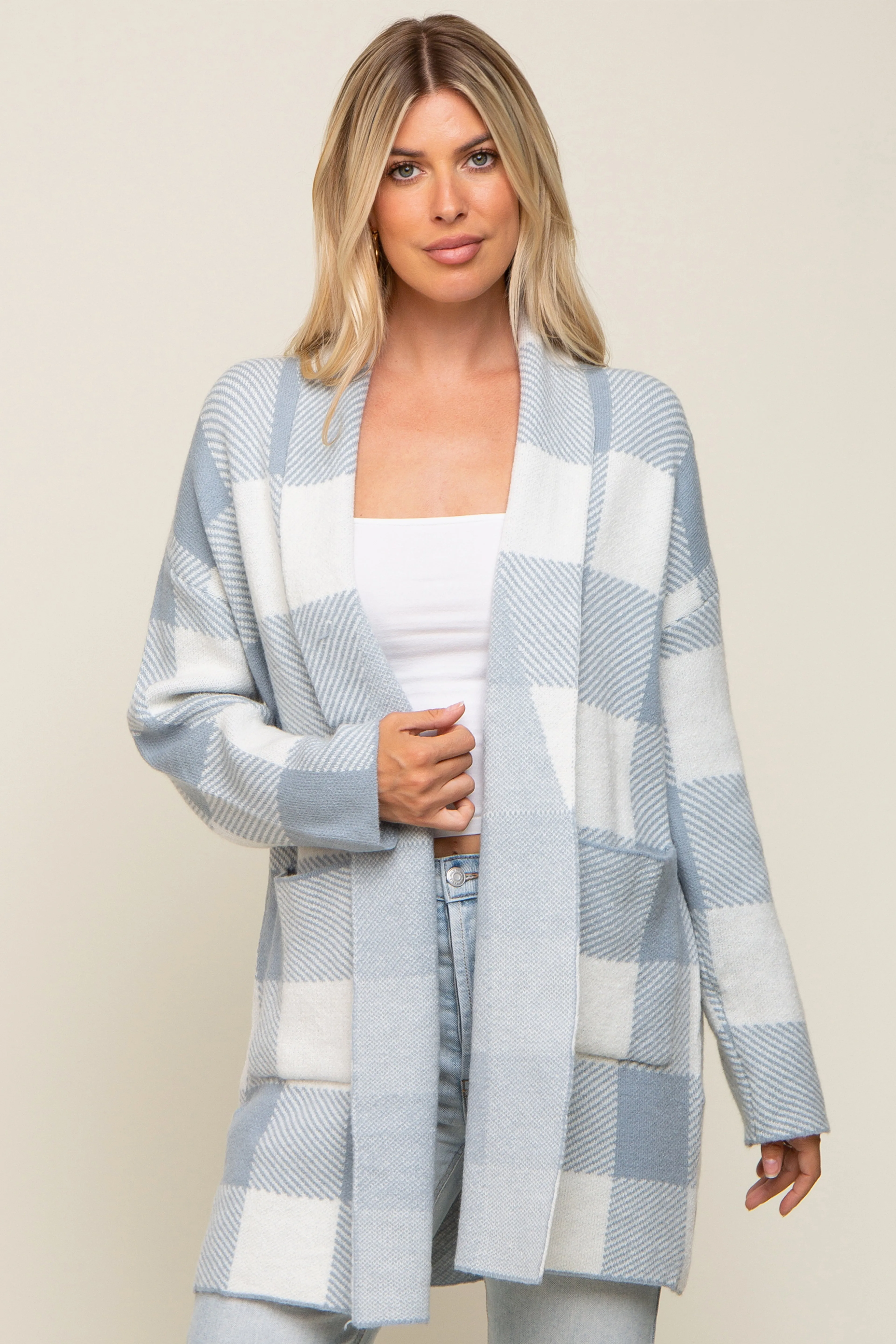 Light Blue Plaid Shawl Maternity Cardigan sold by Pinkblush product image thumbnail 5