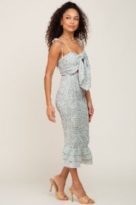 Mint Green Floral Knot Front Smocked Midi Dress sold by Pinkblush