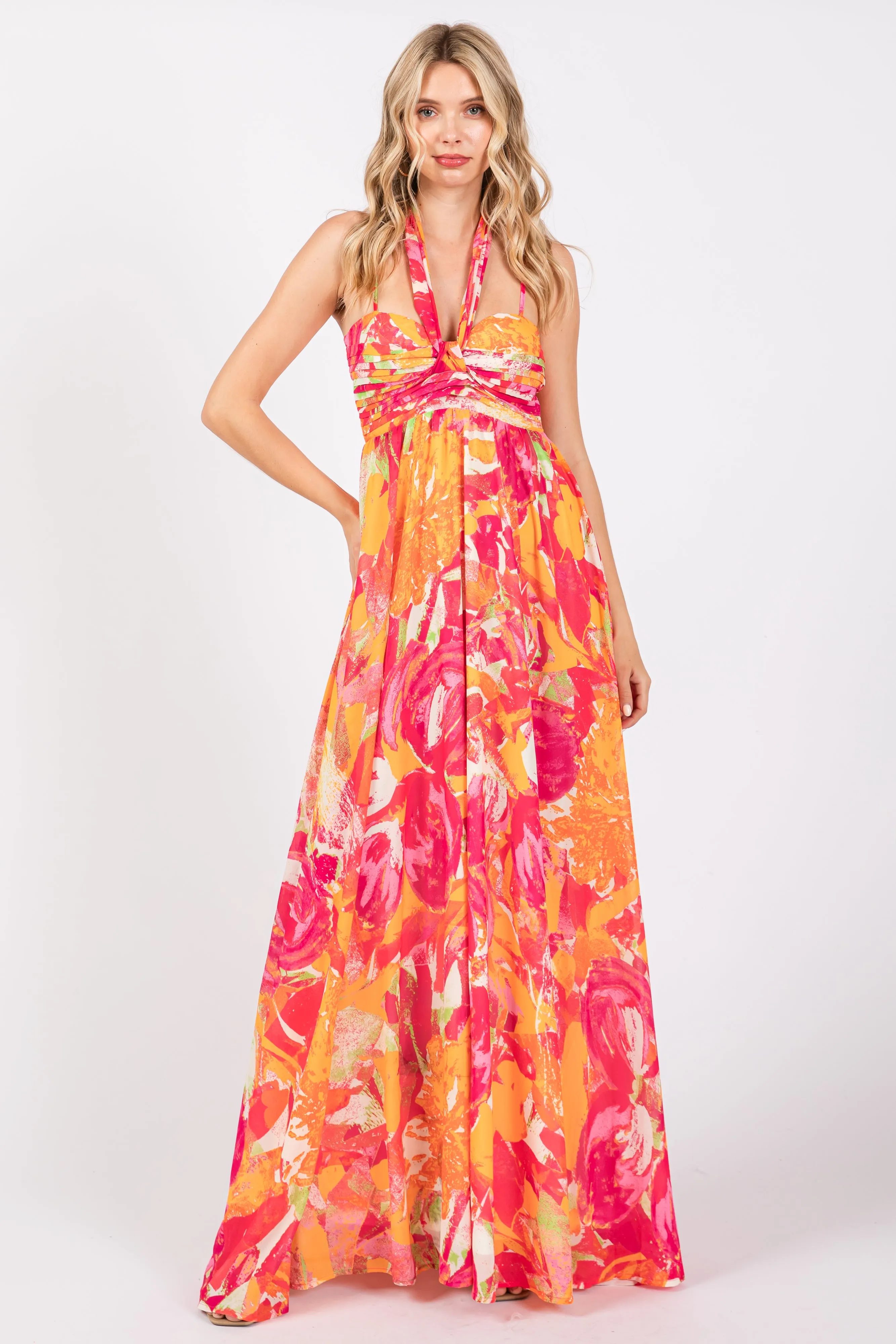 Fuchsia Abstract Floral Front Tie Maxi Dress sold by Pinkblush product image thumbnail 2