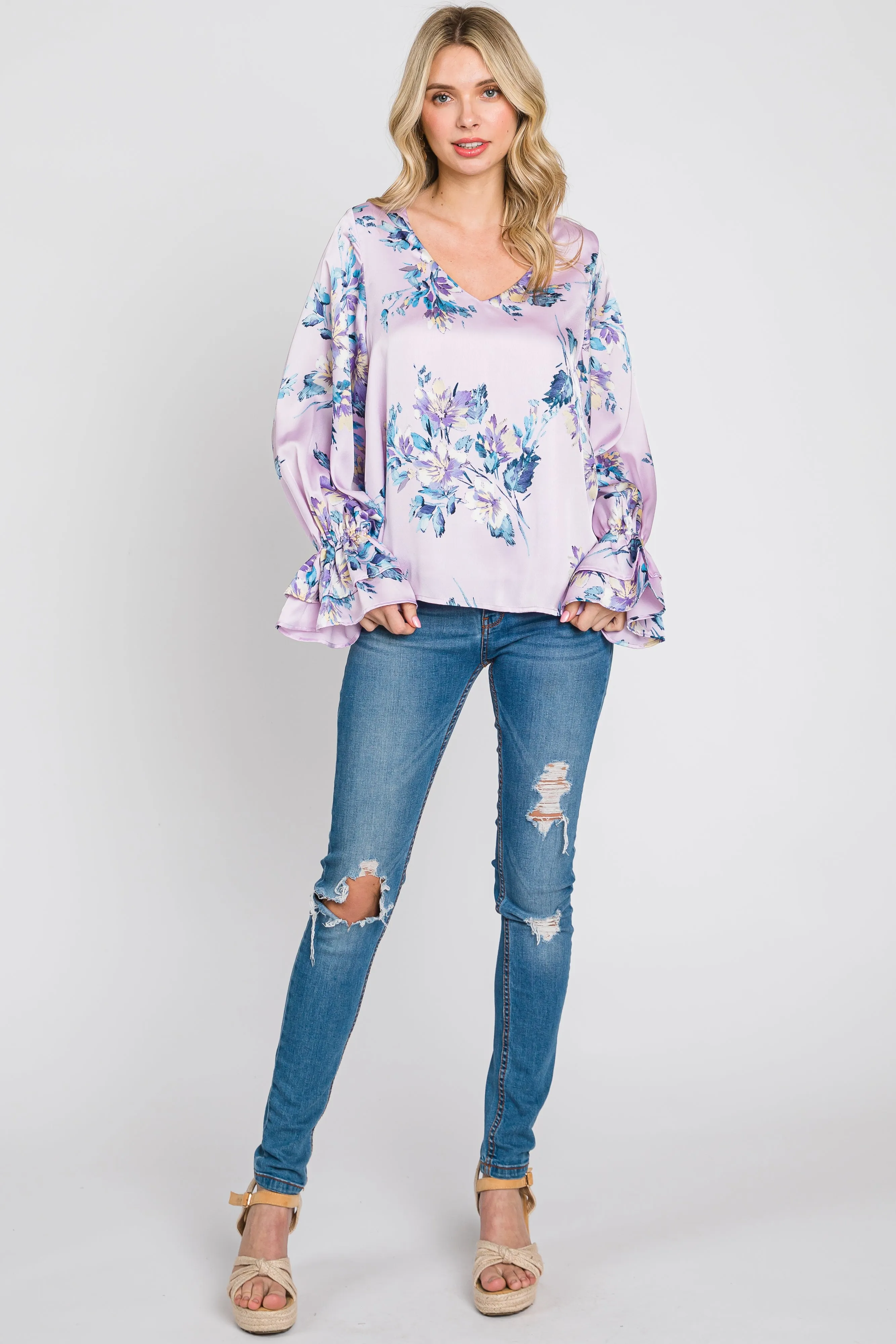 Lavender Floral Satin Ruffle Sleeve Blouse sold by Pinkblush product image thumbnail 5