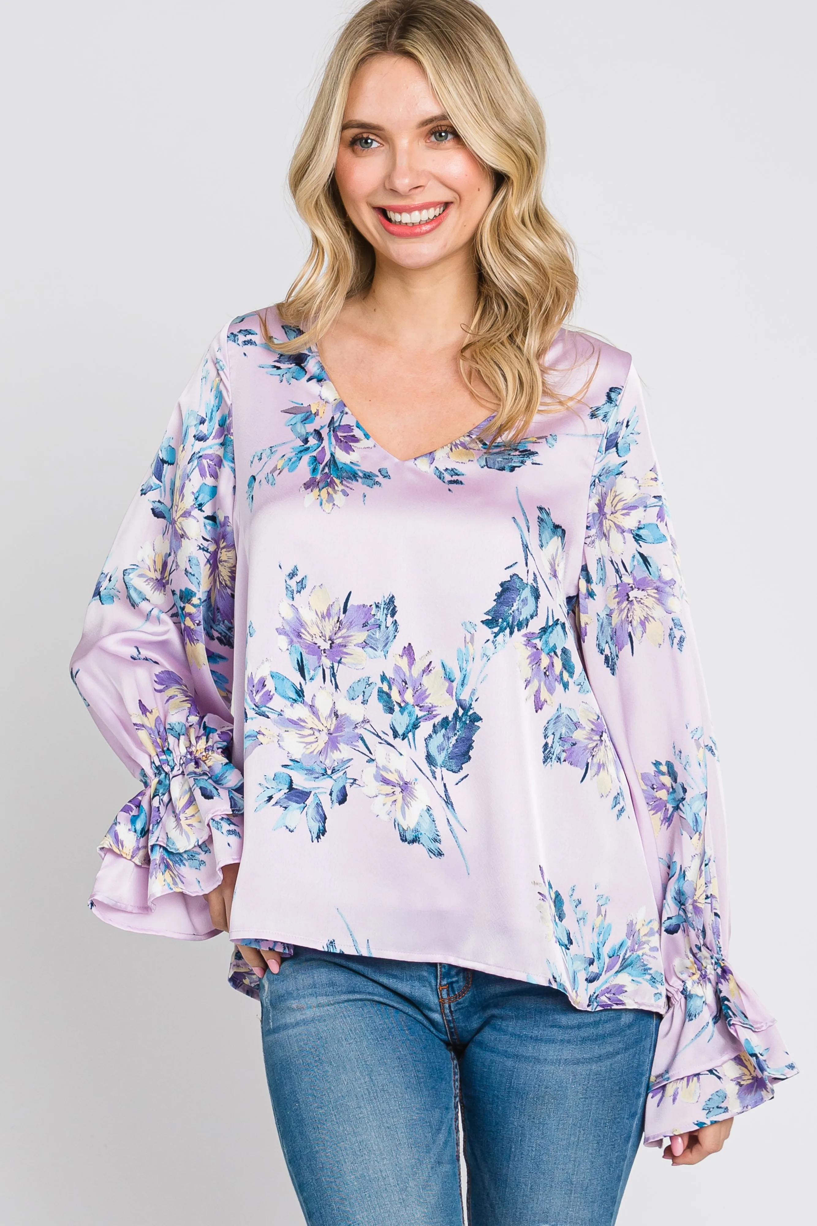 Lavender Floral Satin Ruffle Sleeve Blouse sold by Pinkblush product image thumbnail 2