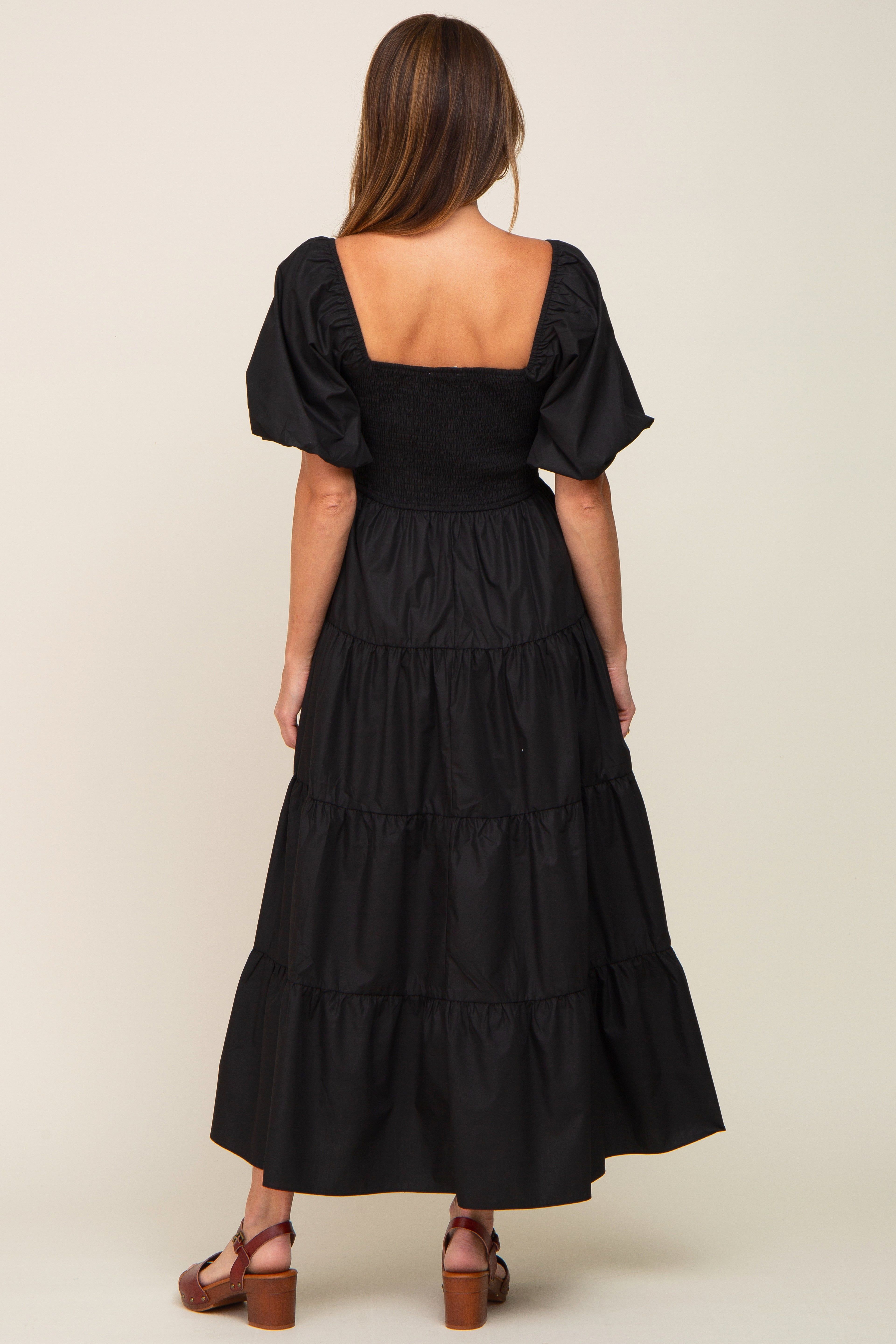 Black Square Neck Smocked Puff Short Sleeve Tiered Midi Dress sold by Pinkblush product image thumbnail 3