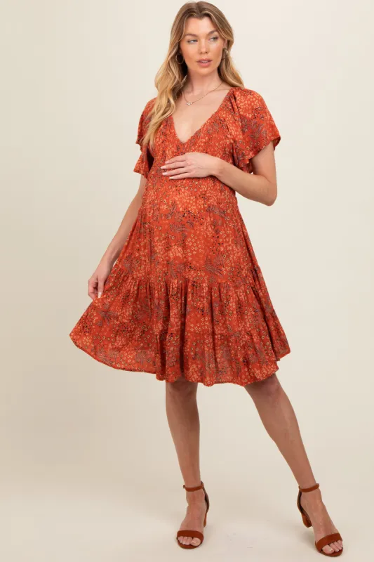 Rust Floral Smocked V-Neck Tiered Maternity Dress sold by Pinkblush