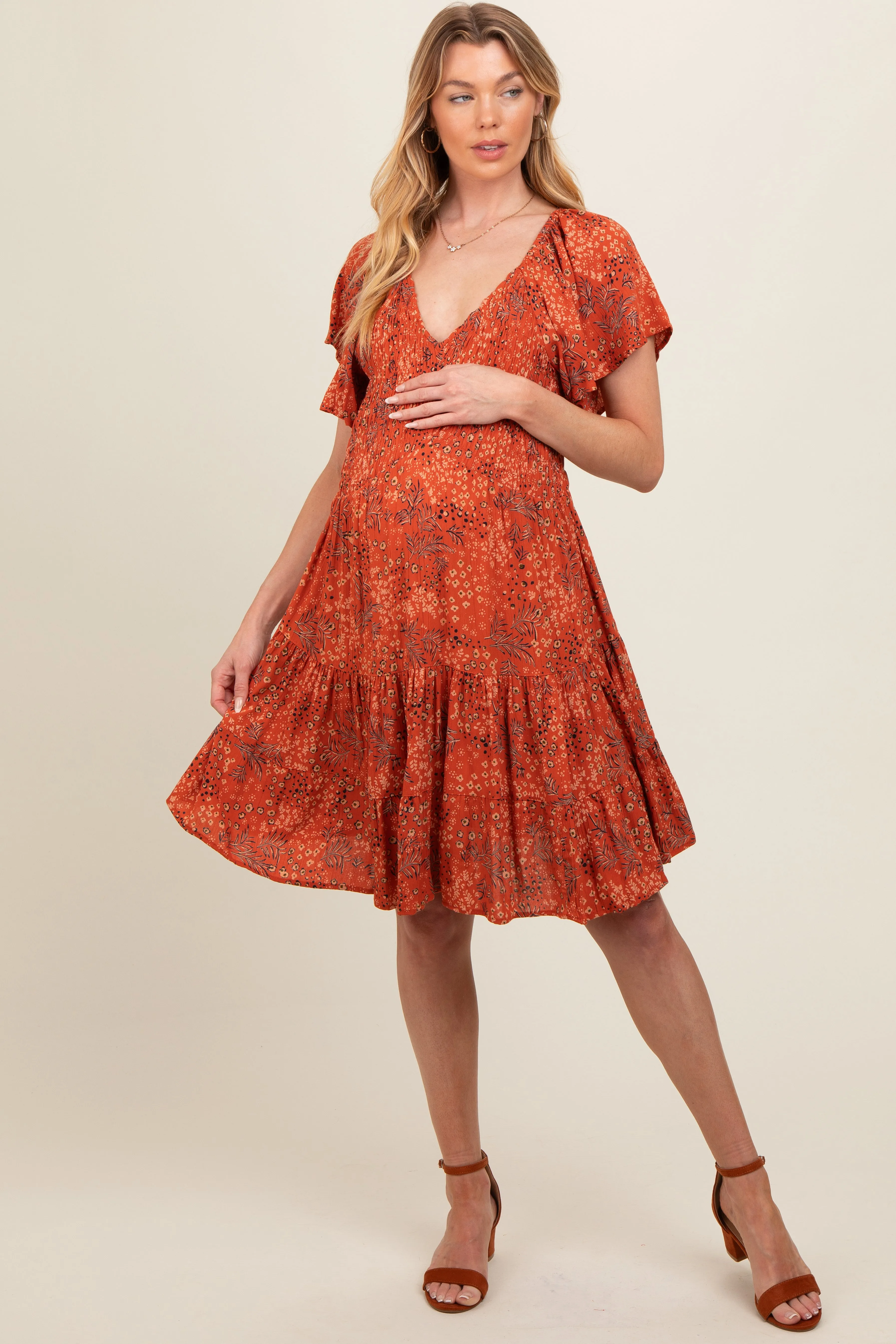 Rust Floral Smocked V-Neck Tiered Maternity Dress sold by Pinkblush