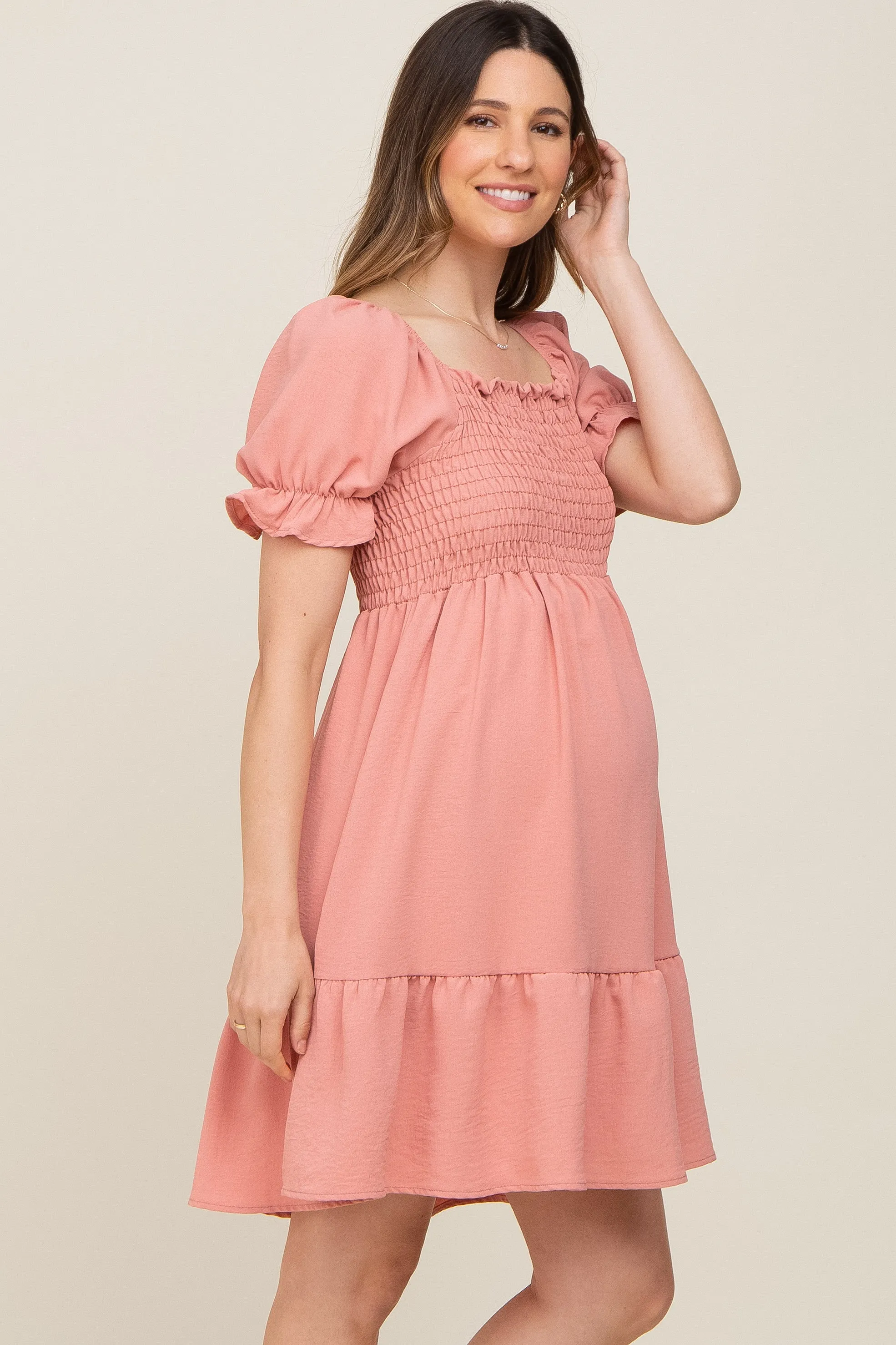 Coral Smocked Ruffle Trim Maternity Dress sold by Pinkblush product image thumbnail 2