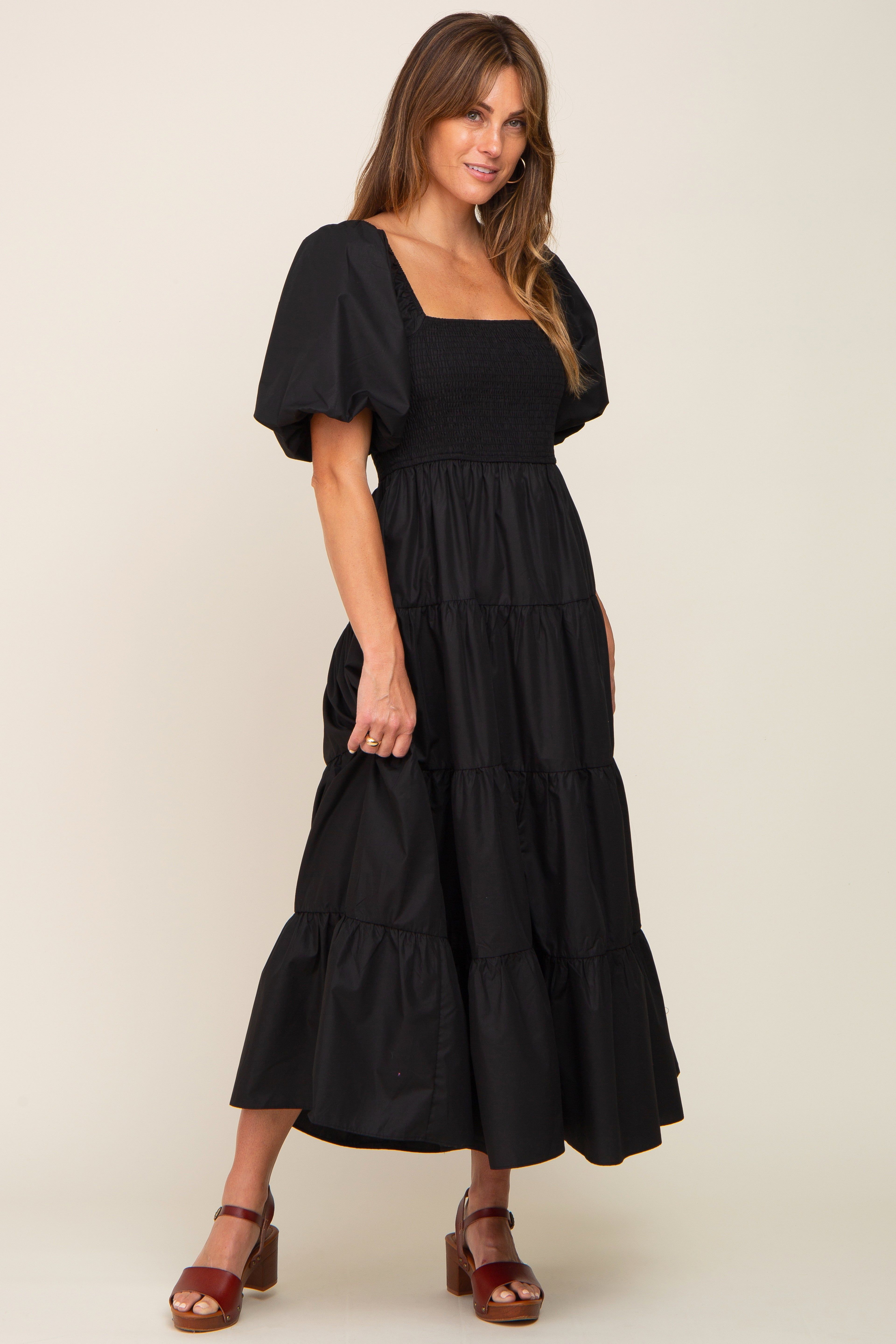 Black Square Neck Smocked Puff Short Sleeve Tiered Midi Dress sold by Pinkblush product image thumbnail 4