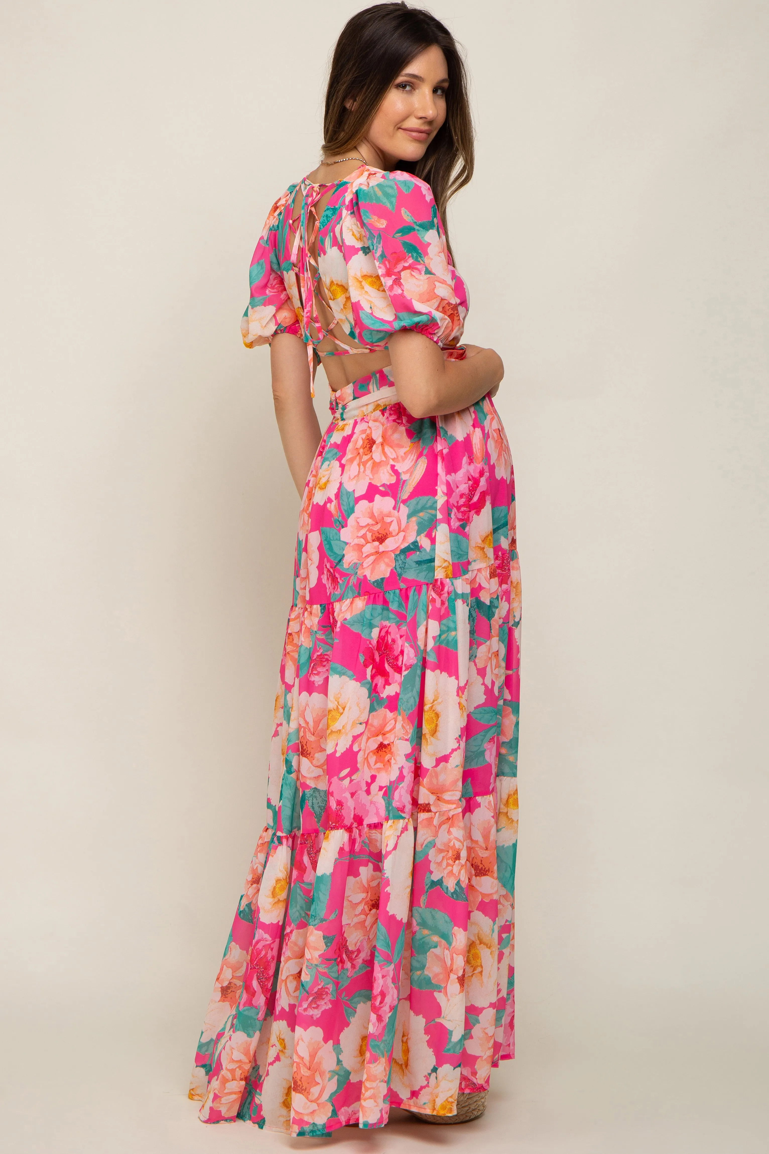 Fuchsia Floral Chiffon Front Sweetheart Neck Lace-Up Back Tiered Maternity Maxi Dress sold by Pinkblush product image thumbnail 4