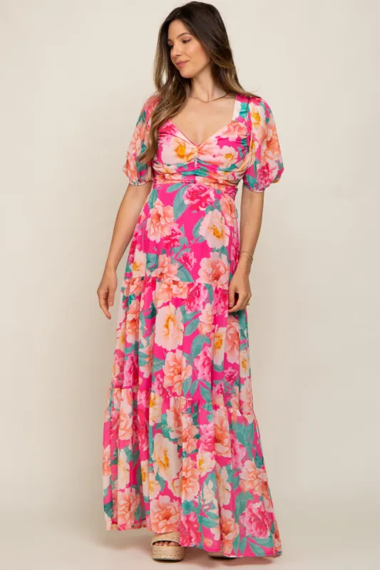 Fuchsia Floral Chiffon Front Sweetheart Neck Lace-Up Back Tiered Maternity Maxi Dress sold by Pinkblush
