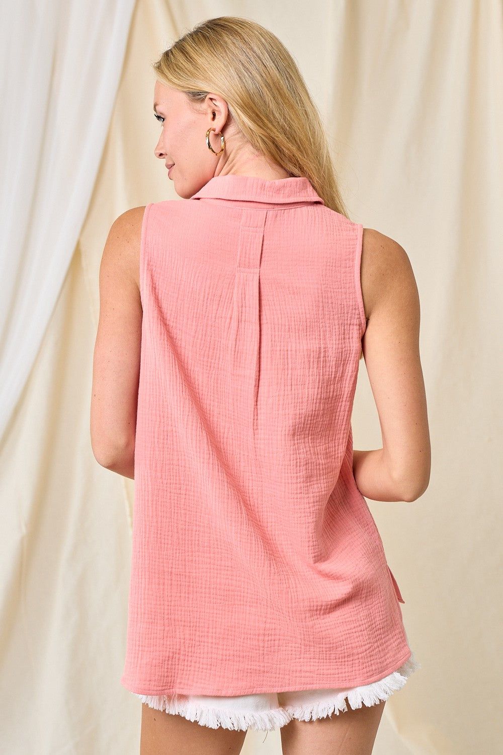 Coral Split Neck Collar Sleeveless Shirt sold by Pinkblush product image thumbnail 3