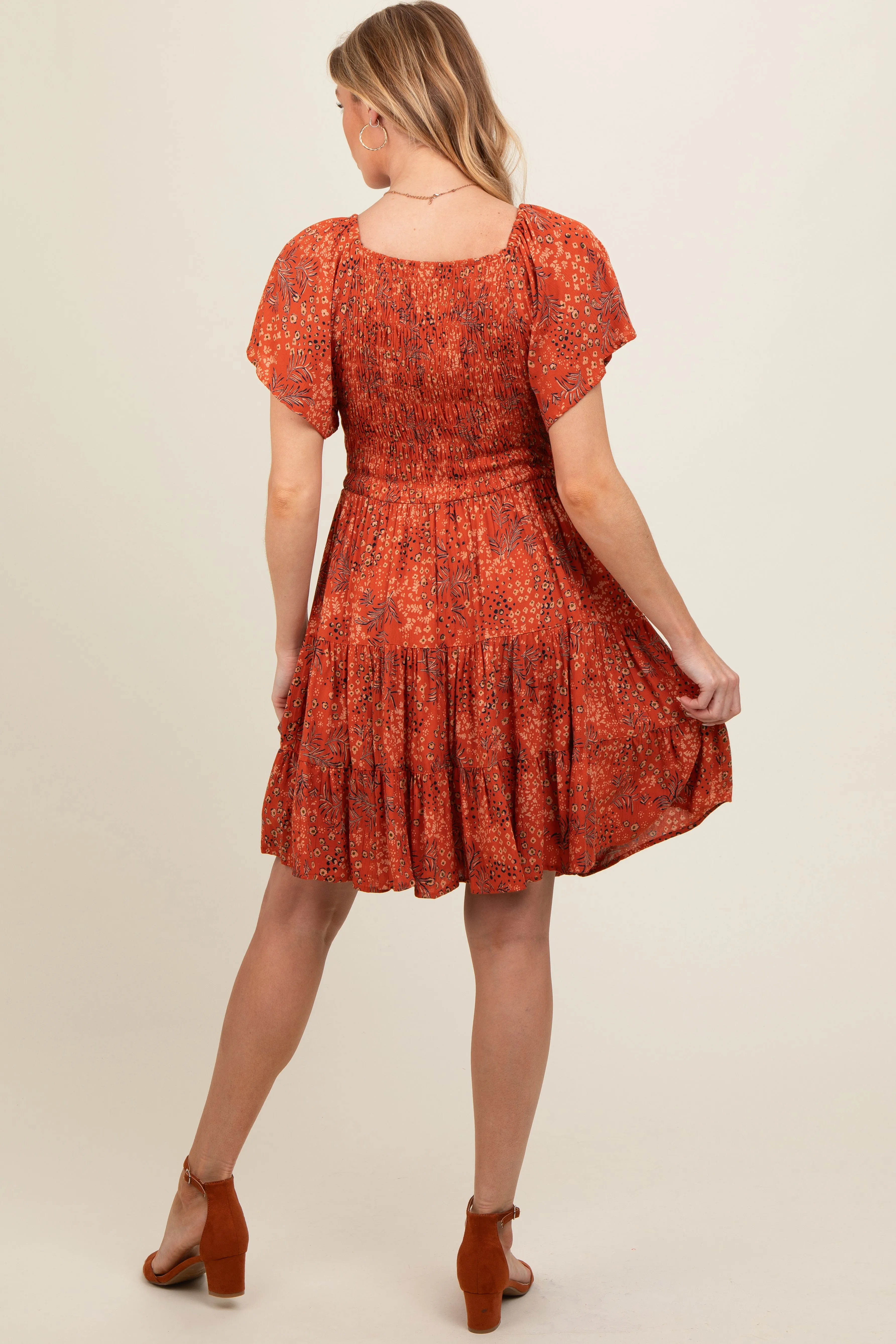 Rust Floral Smocked V-Neck Tiered Maternity Dress sold by Pinkblush product image thumbnail 2