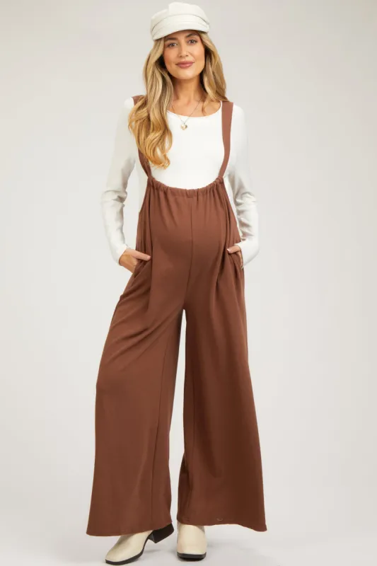 Mocha Ribbed Drawstring Wide Leg Maternity Jumpsuit sold by Pinkblush