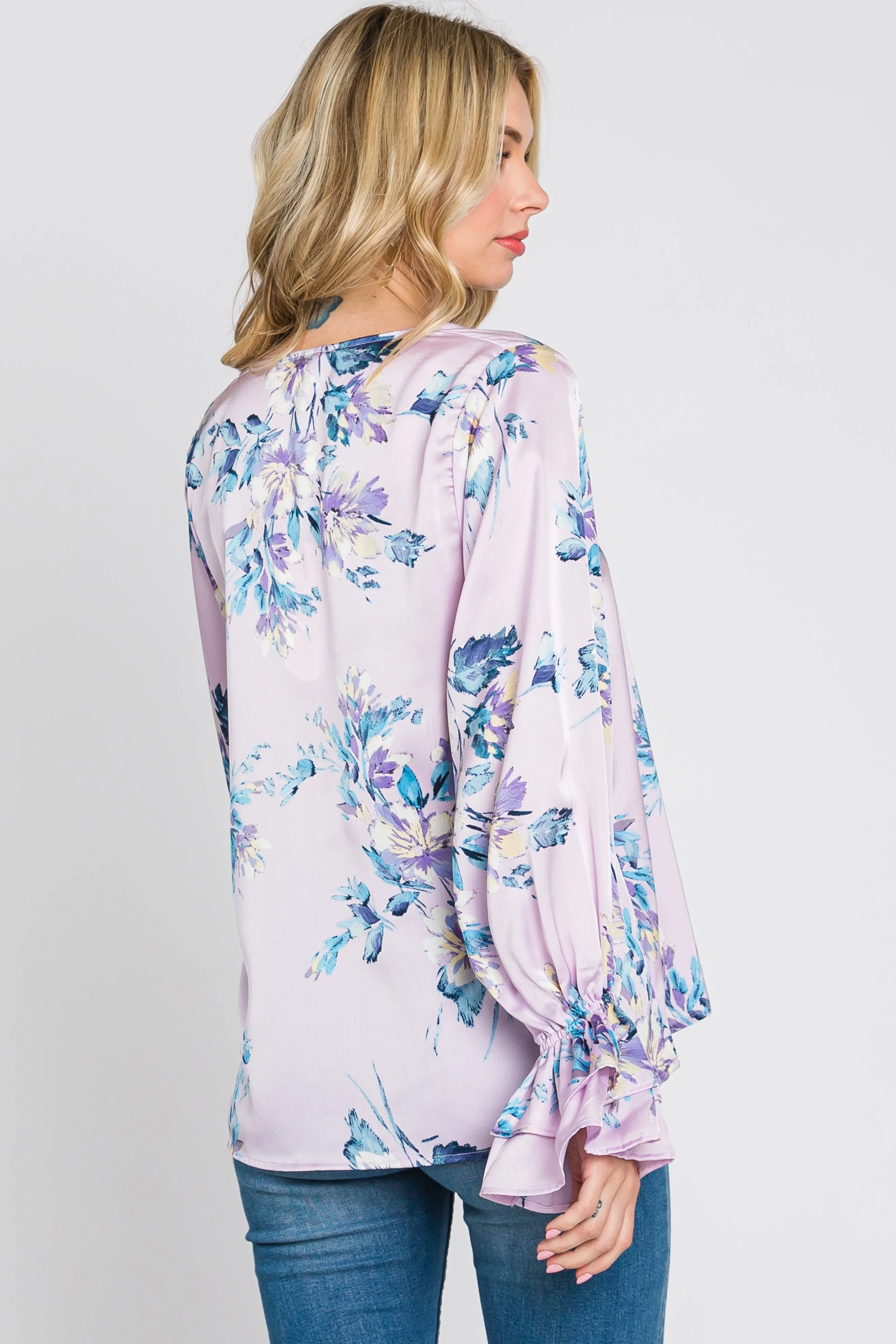 Lavender Floral Satin Ruffle Sleeve Blouse sold by Pinkblush product image thumbnail 4