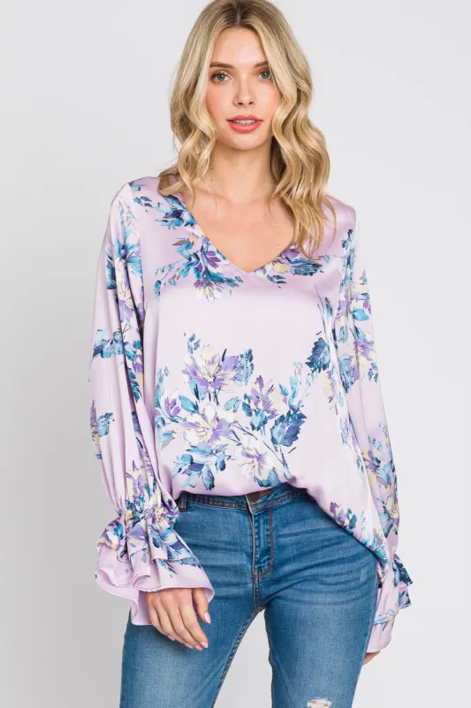 Lavender Floral Satin Ruffle Sleeve Blouse sold by Pinkblush