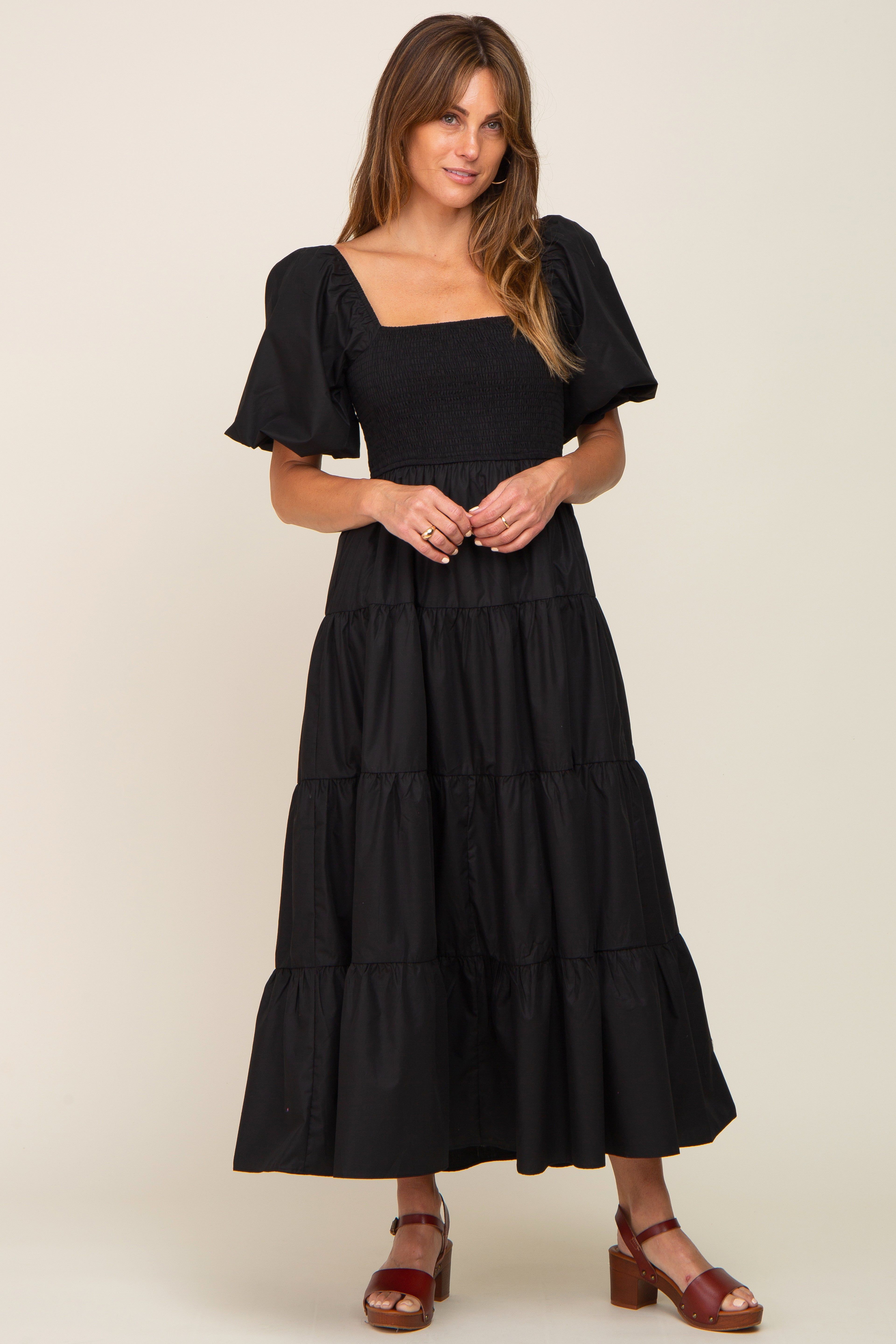 Black Square Neck Smocked Puff Short Sleeve Tiered Midi Dress sold by Pinkblush product image thumbnail 5