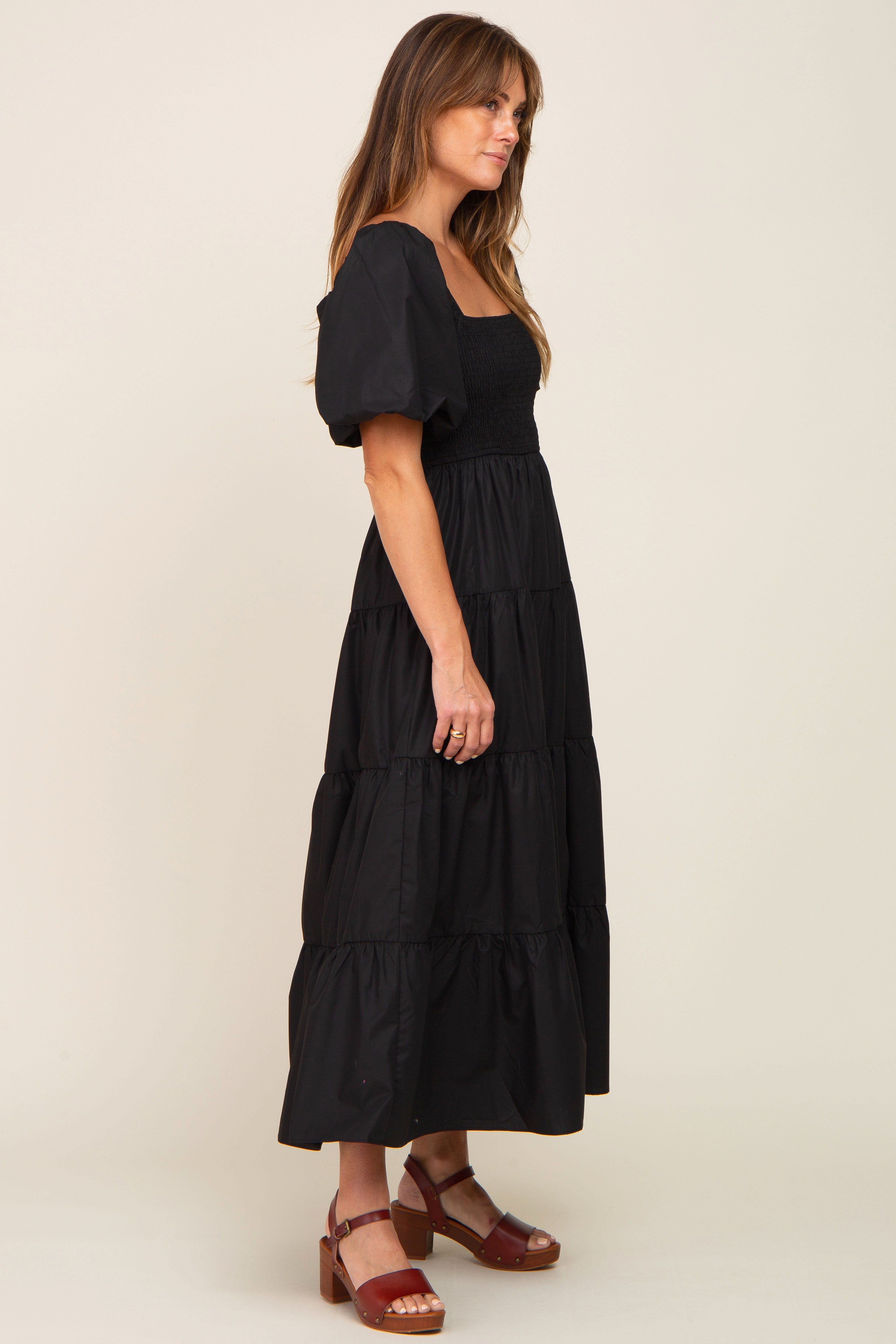 Black Square Neck Smocked Puff Short Sleeve Tiered Midi Dress sold by Pinkblush product image thumbnail 2