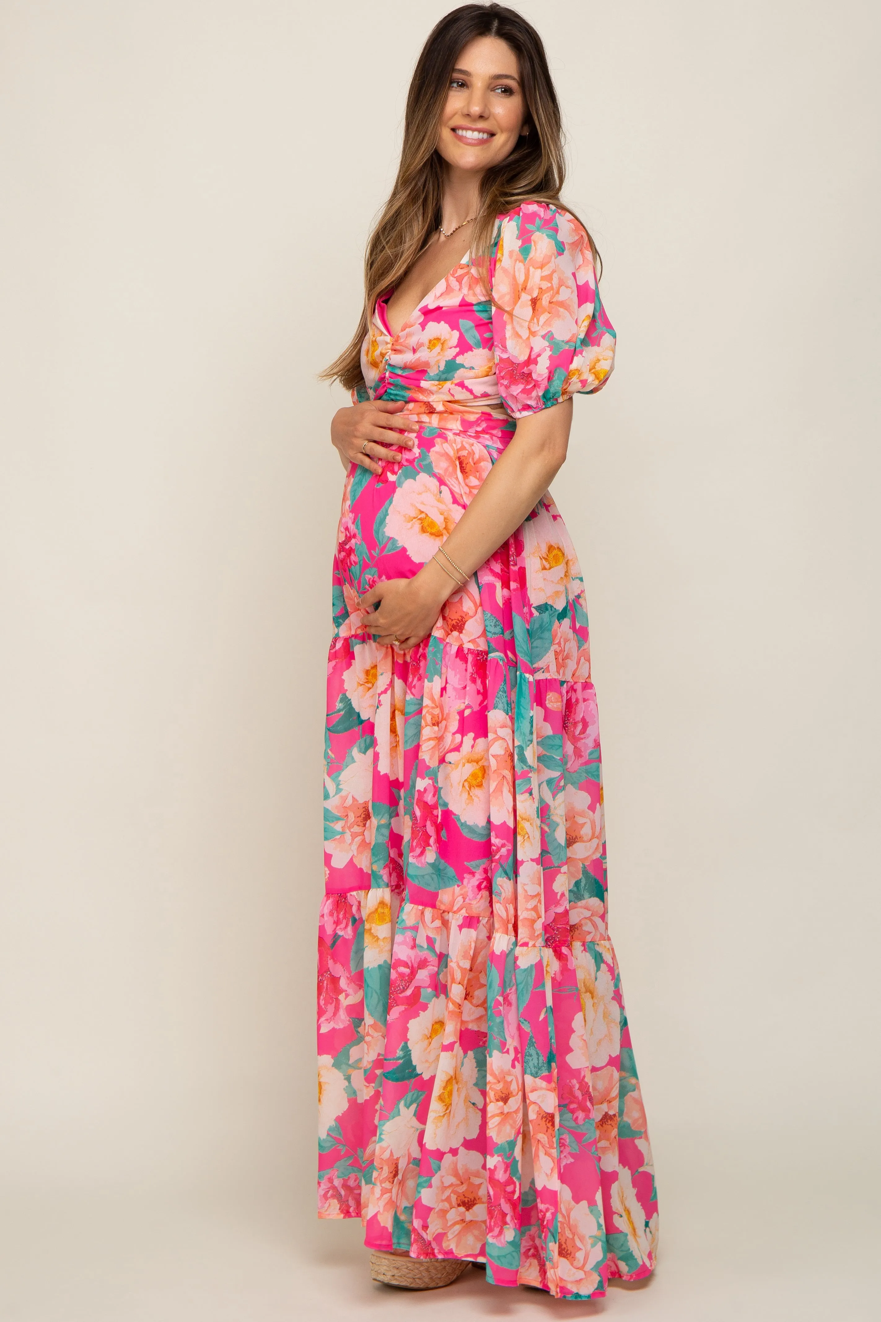 Fuchsia Floral Chiffon Front Sweetheart Neck Lace-Up Back Tiered Maternity Maxi Dress sold by Pinkblush product image thumbnail 5
