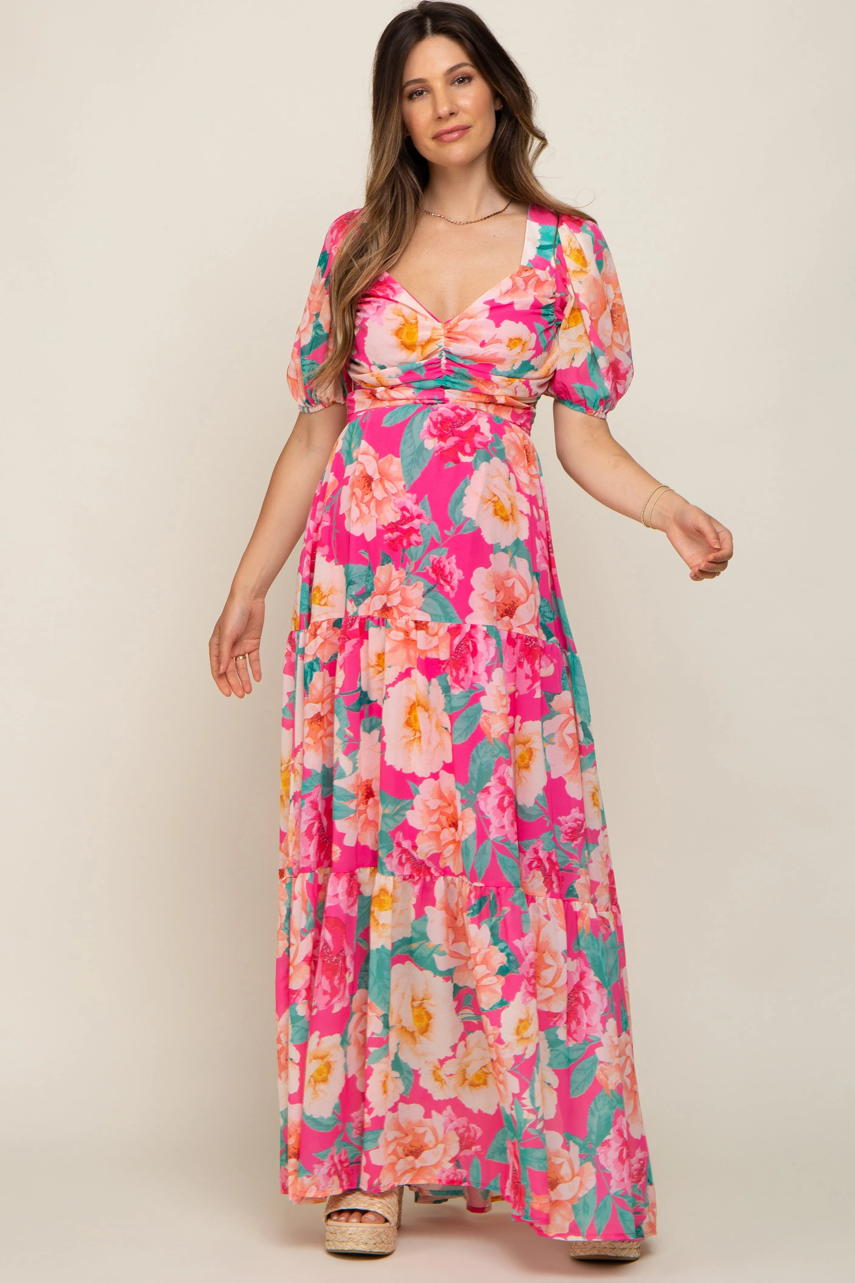 Fuchsia Floral Chiffon Front Sweetheart Neck Lace-Up Back Tiered Maternity Maxi Dress sold by Pinkblush product image thumbnail 2