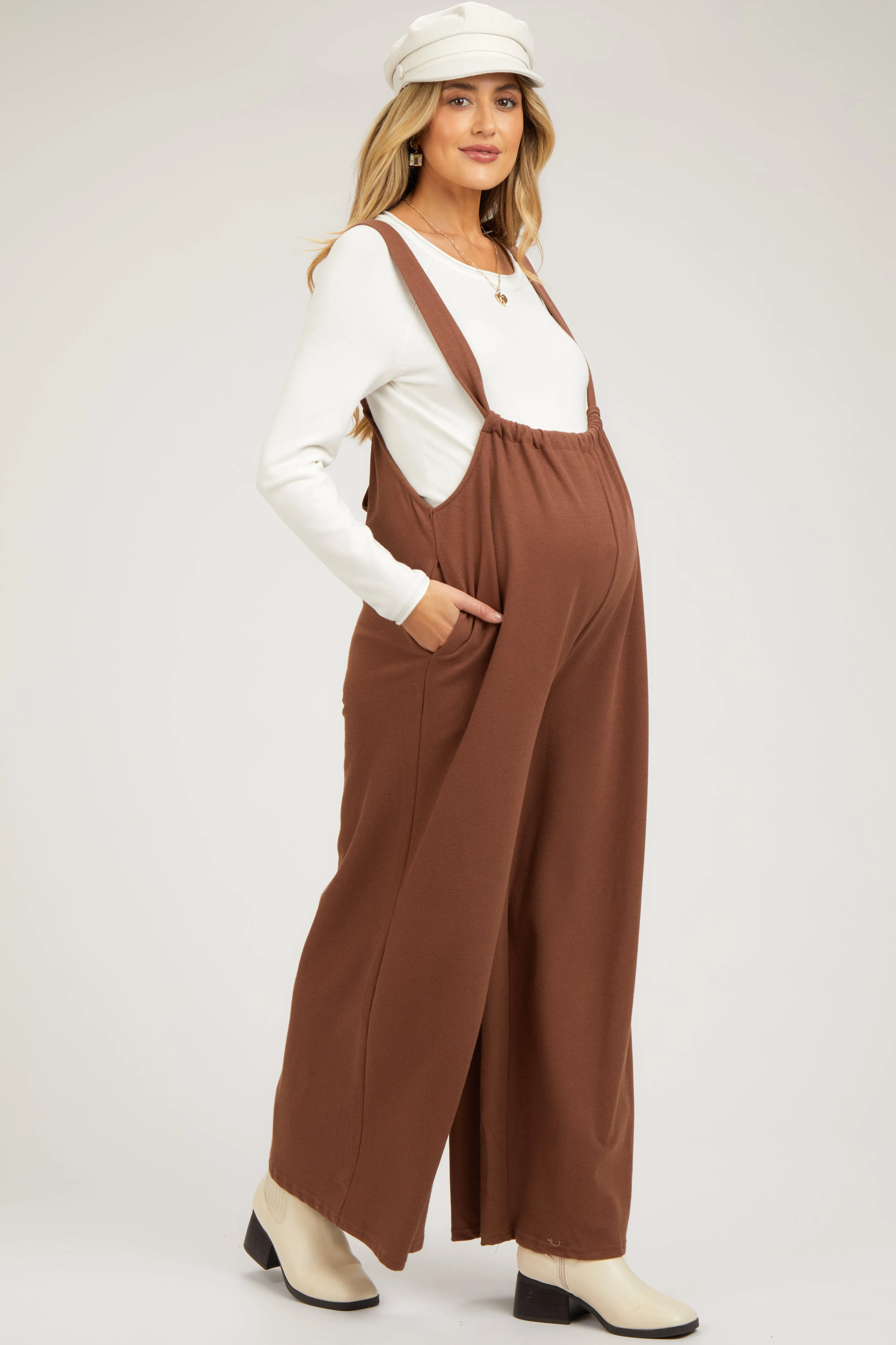 Mocha Ribbed Drawstring Wide Leg Maternity Jumpsuit sold by Pinkblush product image thumbnail 2