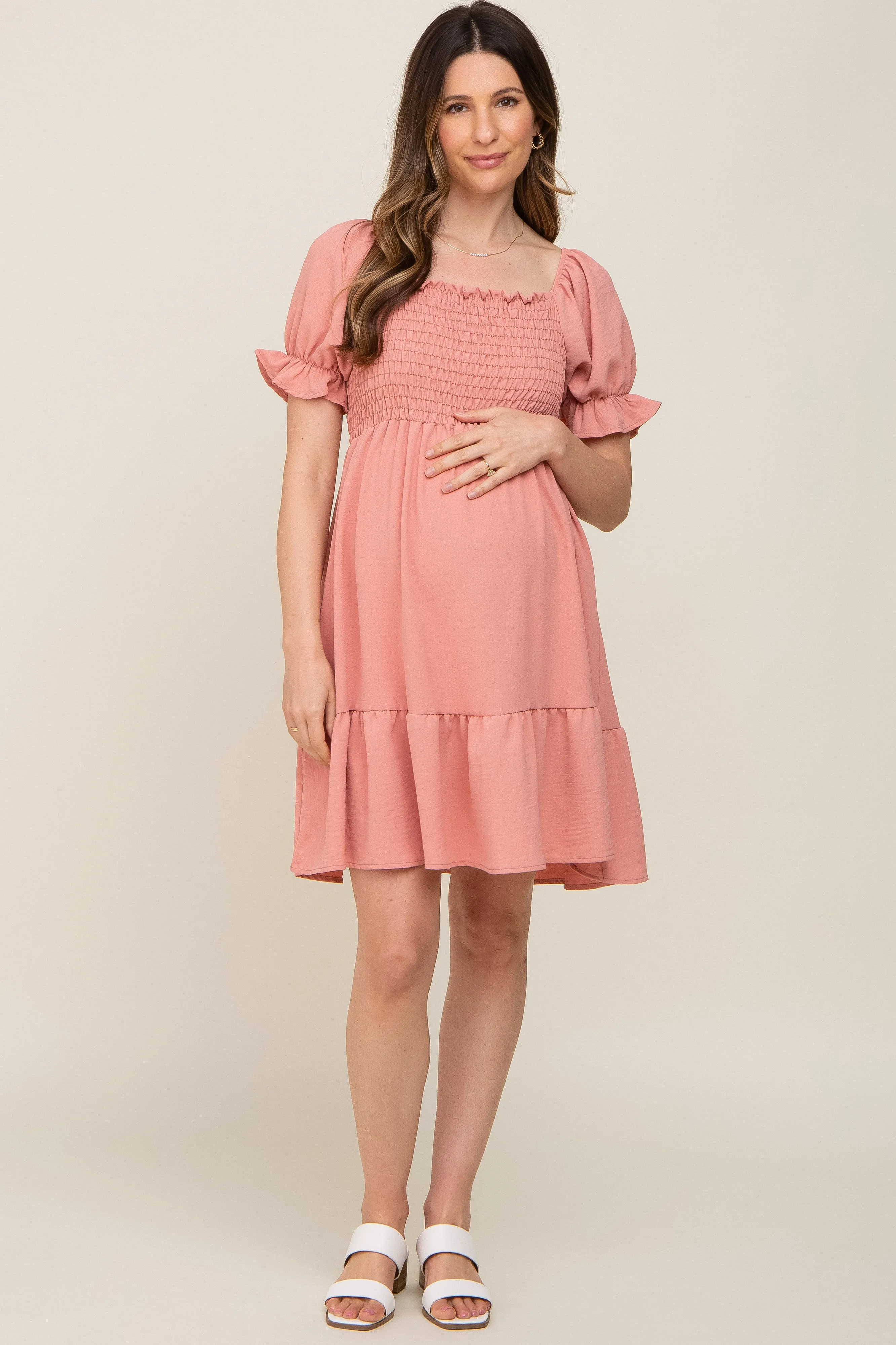 Coral Smocked Ruffle Trim Maternity Dress sold by Pinkblush product image thumbnail 4