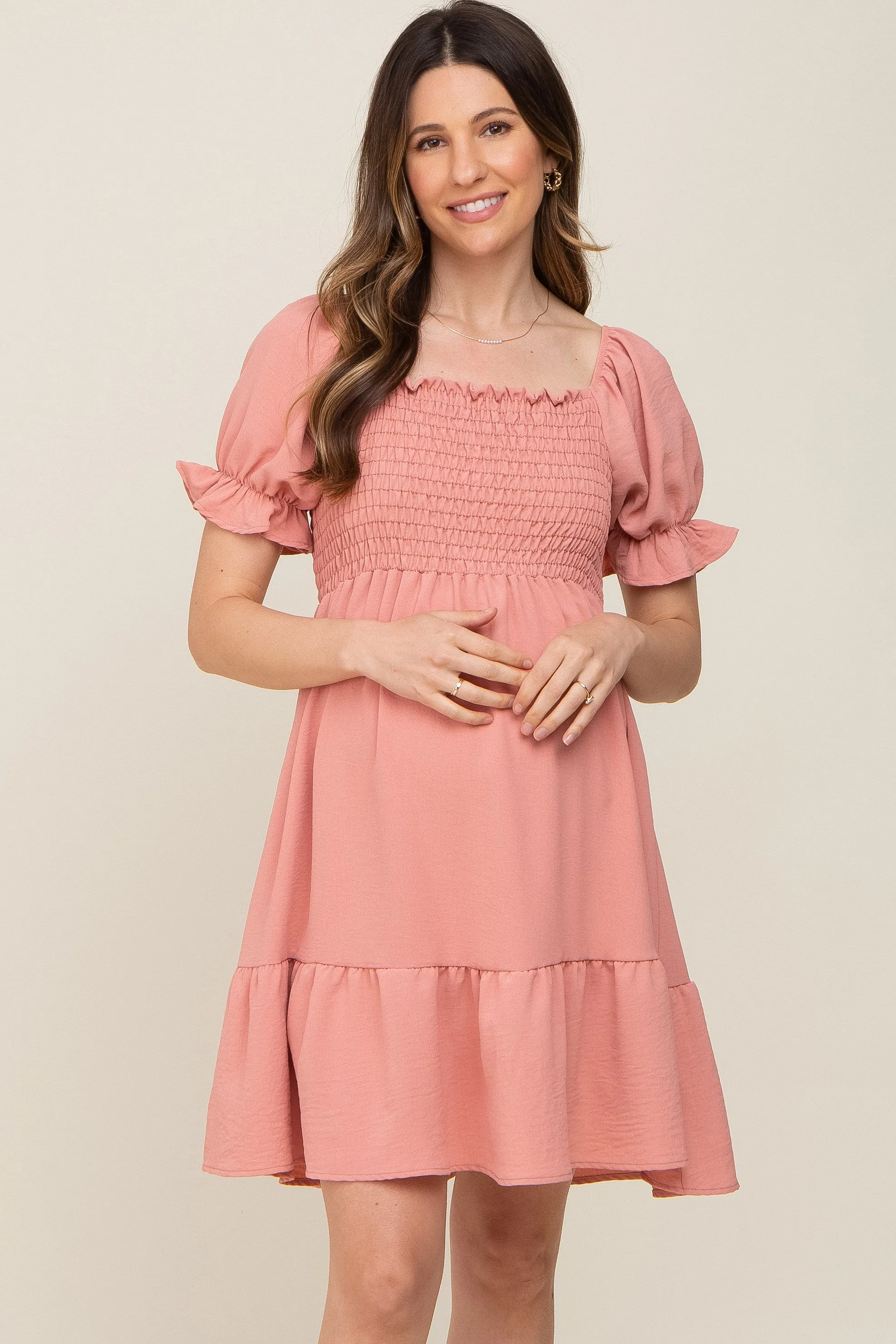 Coral Smocked Ruffle Trim Maternity Dress sold by Pinkblush