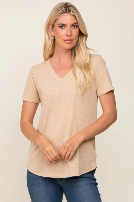Beige V-Neck Short Sleeve Tee sold by Pinkblush