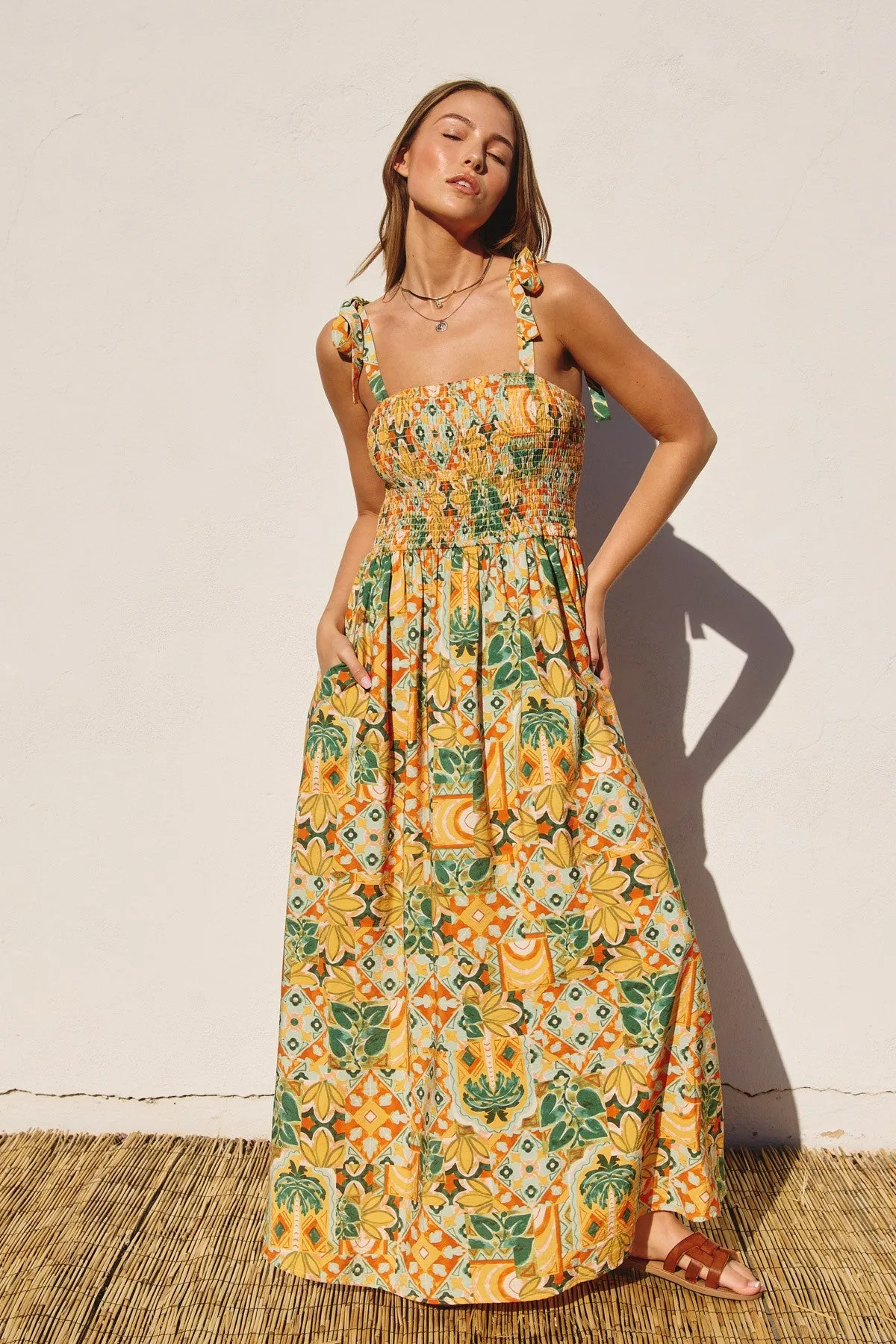Yellow Floral Smocked Shoulder Tie Maxi Dress sold by Pinkblush product image thumbnail 3